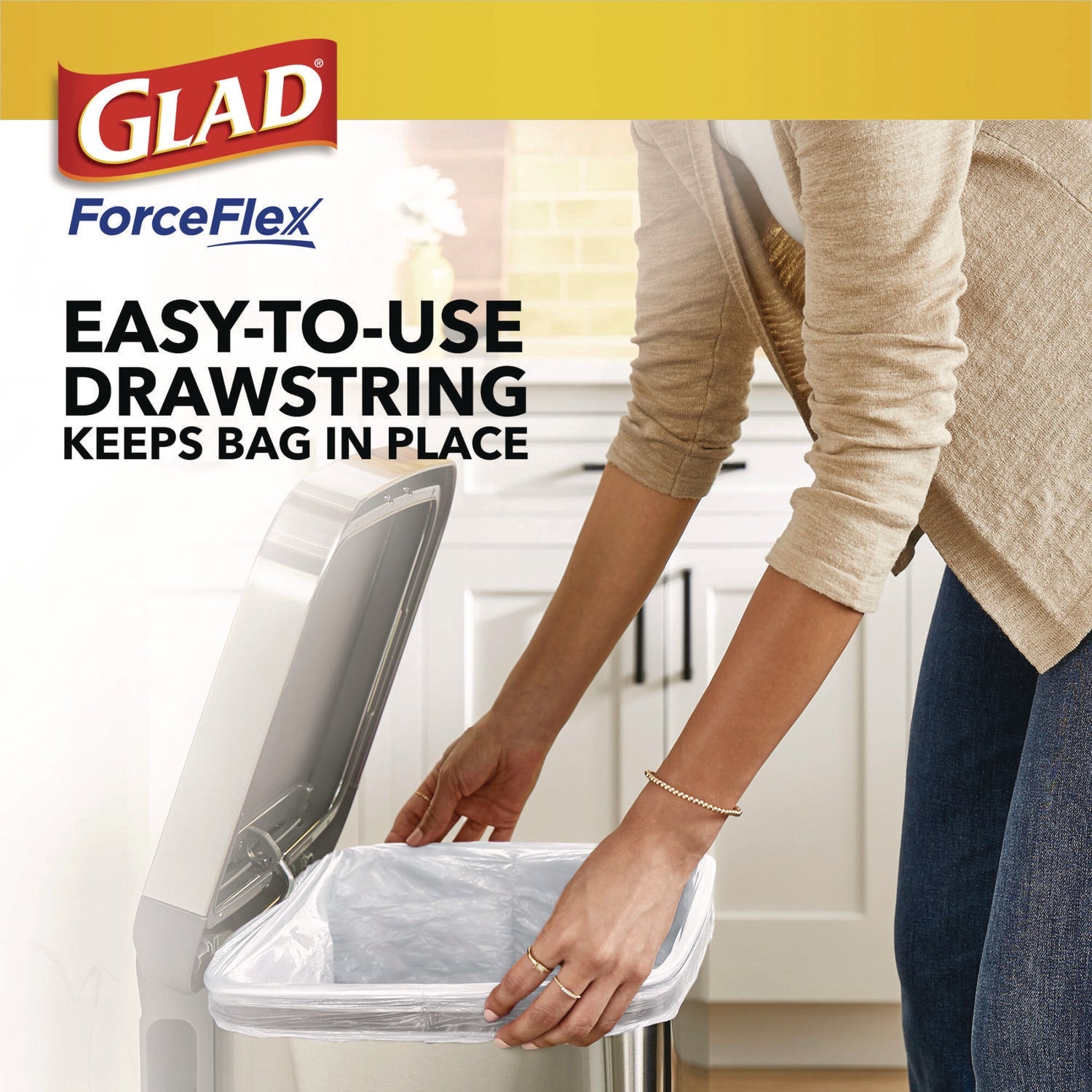 Glad® ForceFlex Kitchen Drawstring Trash Bags, 13 gal, Fresh Clean Scent, 24" x 27.38", White, 80 Bags/Box, 3 Boxes/Carton