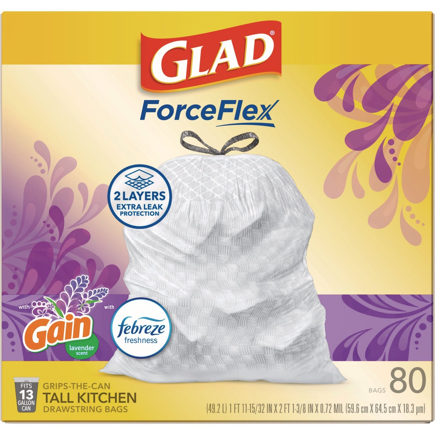 Glad® ForceFlex Kitchen Drawstring Trash Bags, 13 gal, Gain Lavender Scent, 24 x 27.38, White, 80 Bags/Box, 3 Boxes/Carton