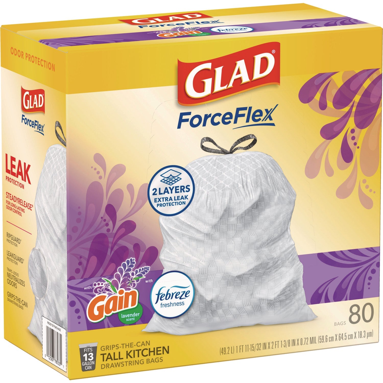 Glad® ForceFlex Kitchen Drawstring Trash Bags, 13 gal, Gain Lavender Scent, 24 x 27.38, White, 80 Bags/Box, 3 Boxes/Carton