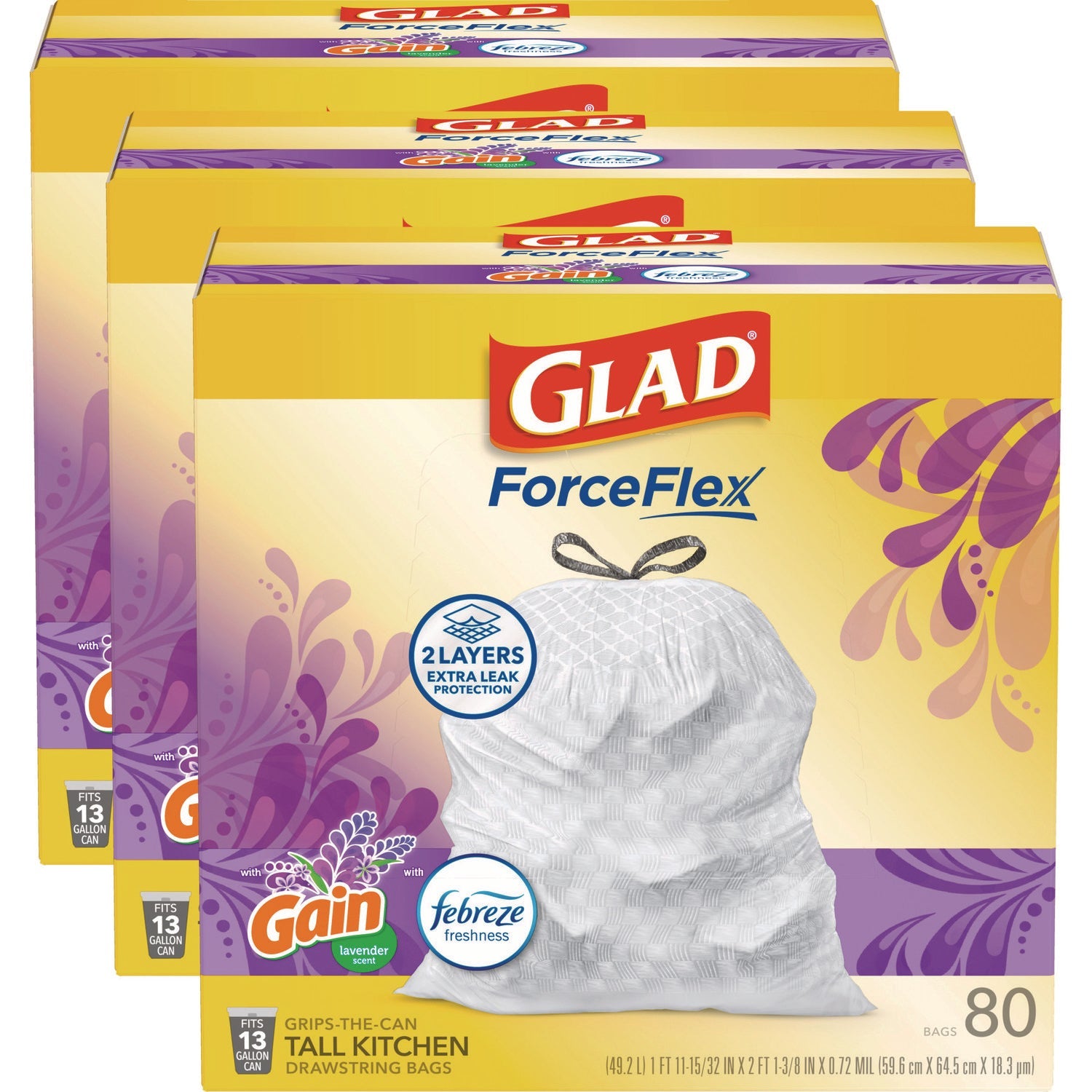 Glad® ForceFlex Kitchen Drawstring Trash Bags, 13 gal, Gain Lavender Scent, 24 x 27.38, White, 80 Bags/Box, 3 Boxes/Carton