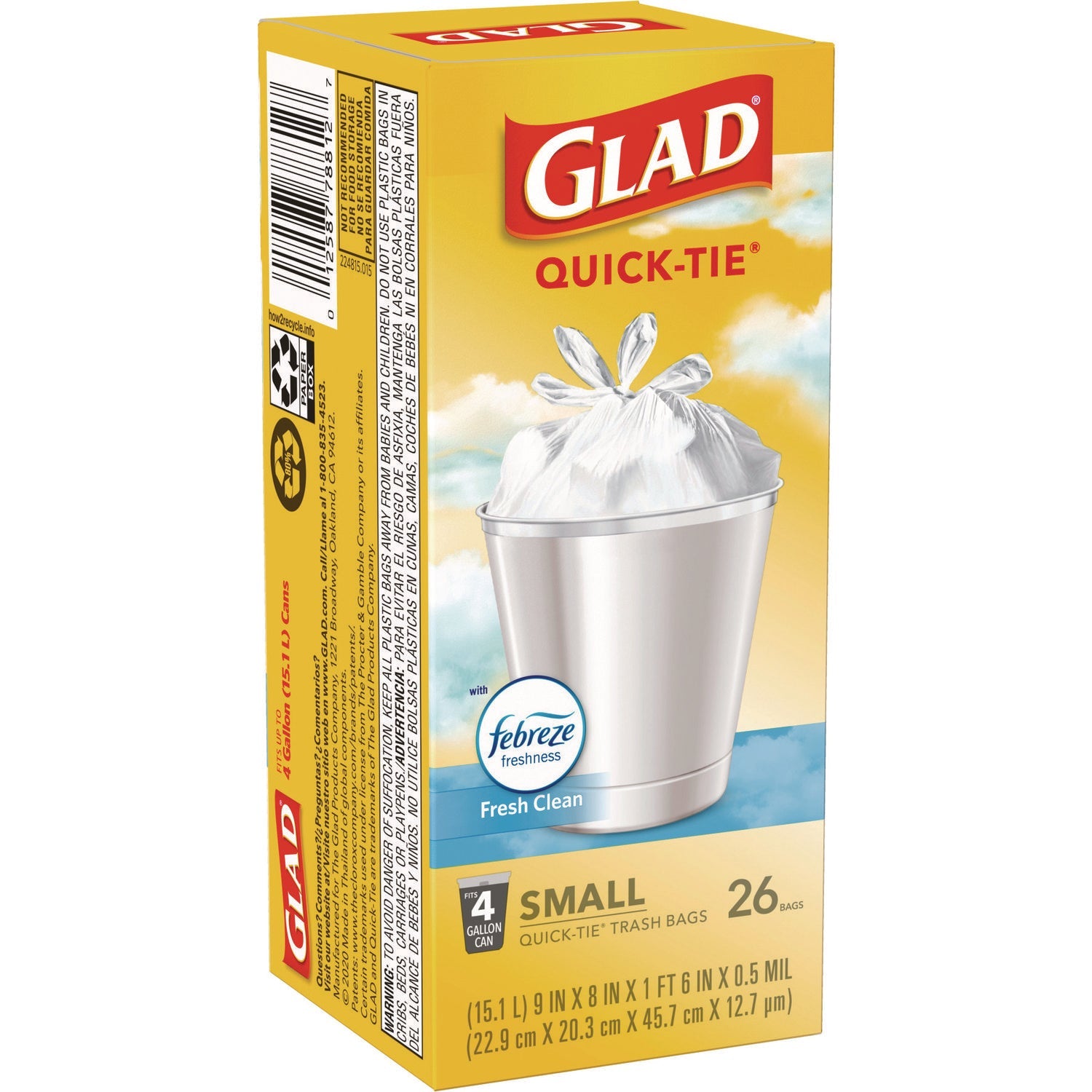 Glad® OdorShield Quick-Tie Small Trash Bags, Tie-Flap, 4 gal, Febreze Fresh Clean Scent, 8 x 18, White, 26 Bags/Box, 6 Boxes/Carton