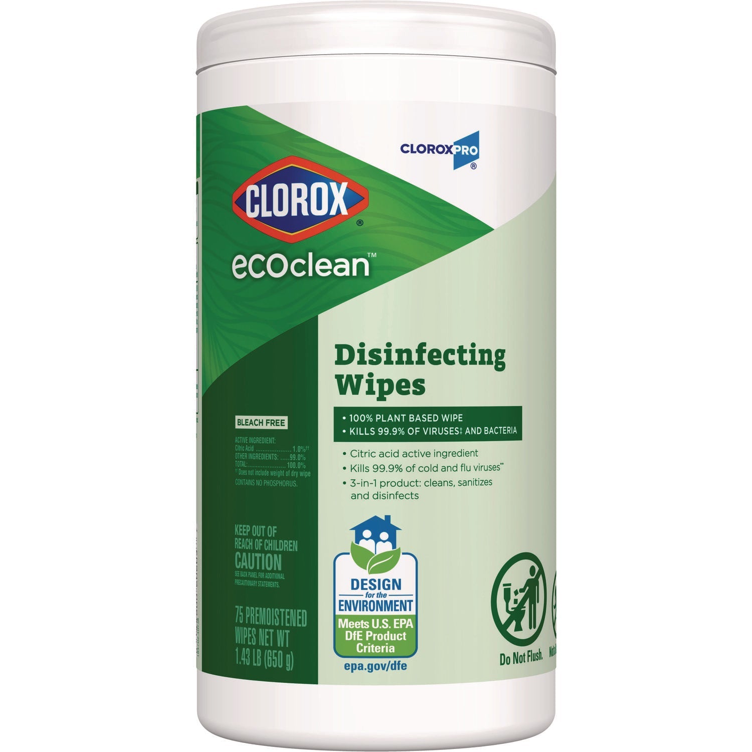 Clorox® EcoClean Disinfecting Wipes, 1-Ply, 8 x 7, Unscented, White