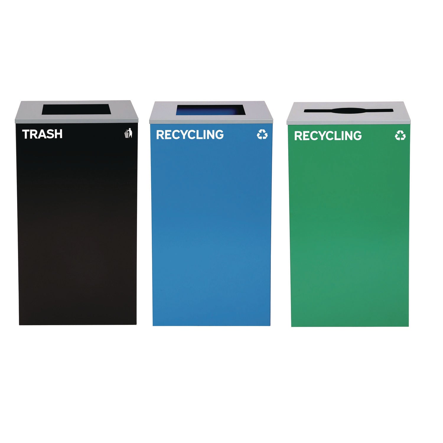 Alpine Industries 29 Gallon Trash/Recycling Cans, Steel, Blue Recycling Can and Black Trash Can w/Sq Lid, Green Recycling Can with Mixed Lid - Bloom Skins