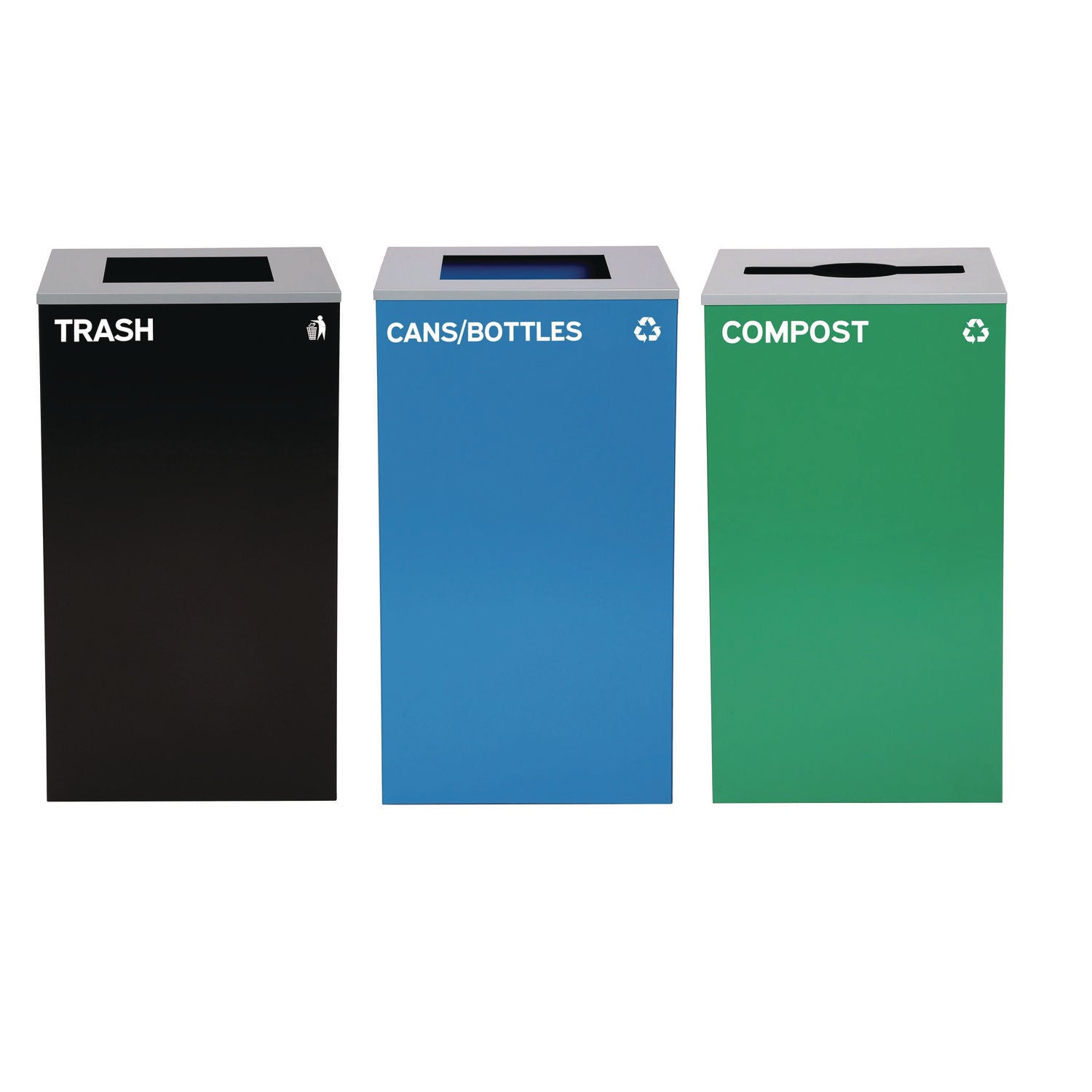 Alpine Industries 29 Gallon Trash/Recycling Cans, Steel, Blue Cans/Bottles Recycling and Black Trash Can w/Sq Lid, Green Compost Can Mixed Lid - Bloom Skins