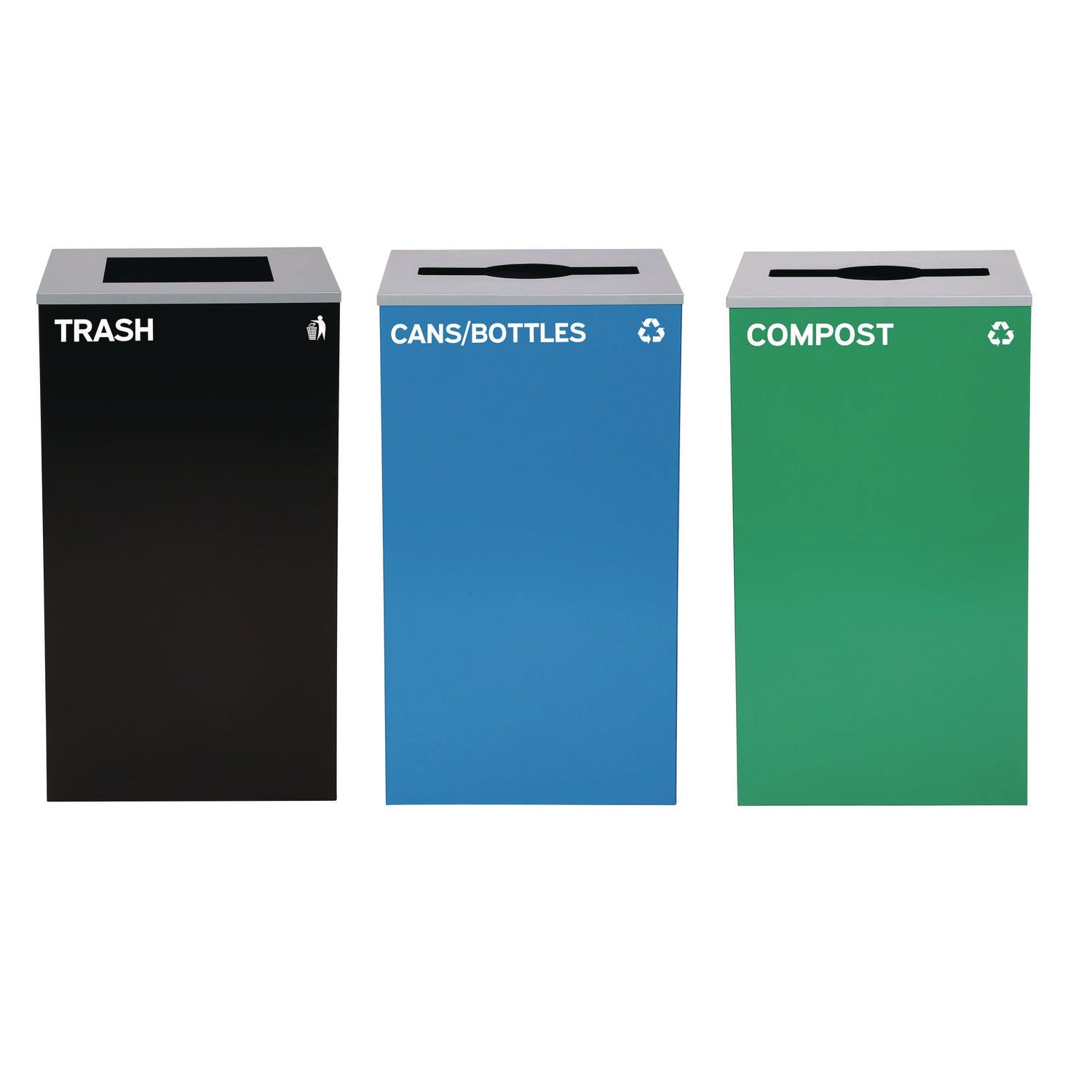 Alpine Industries 29 Gallon Trash/Recycling Cans, Steel, Blue Cans/Bottles Recycling and Green Compost Can w/Mixed Lid, Black Trash Can Sq Lid - Bloom Skins