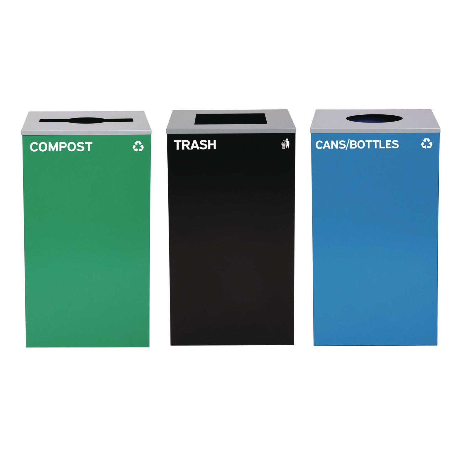 Alpine Industries 29 Gallon Trash/Recycling Cans, Steel, Blue Cans/Bottles Recycling w/Circle Lid, Green Compost w/Mixed Lid, BK Trash w/Sq Lid - Bloom Skins