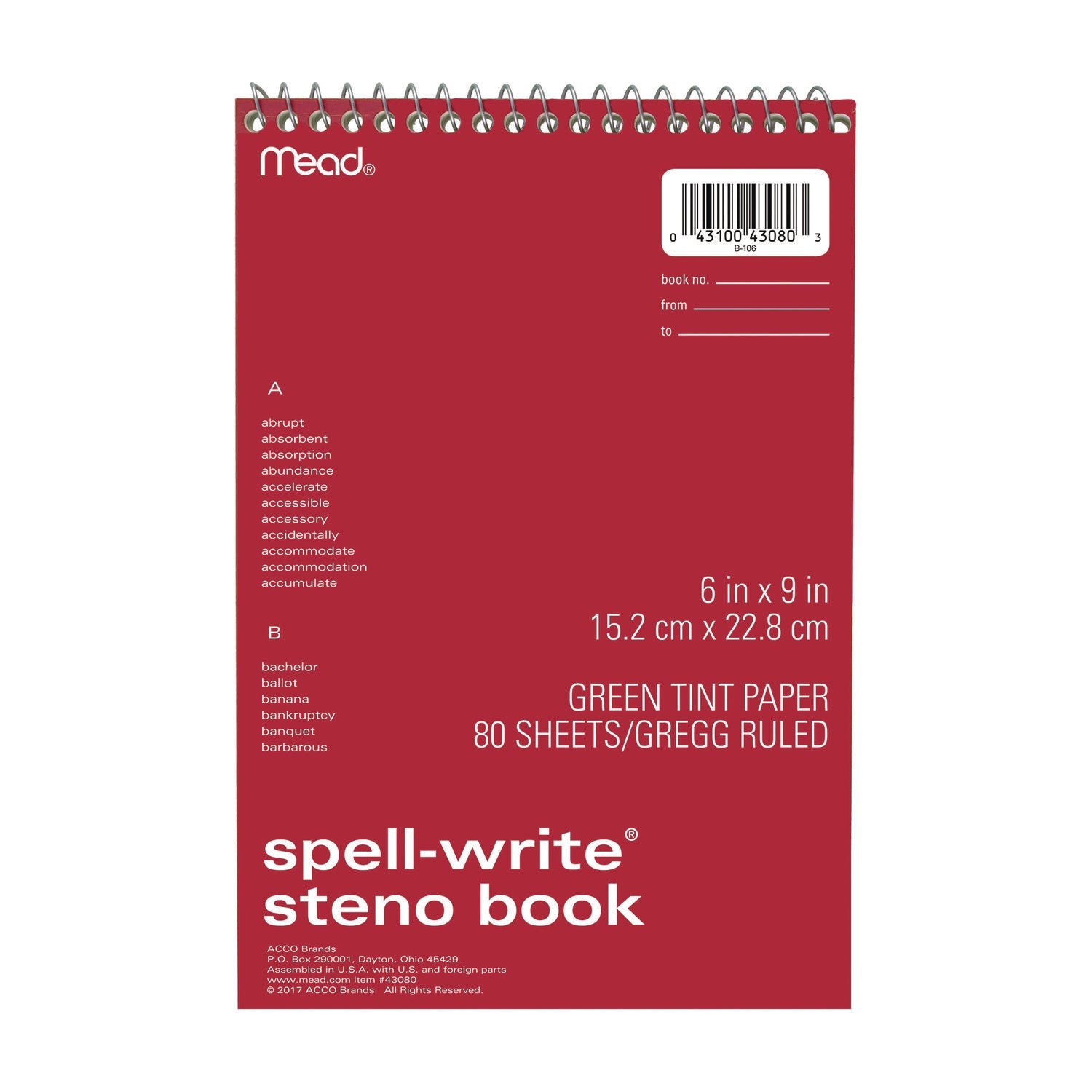 Mead® Spell-Write Wirebound Steno Pad, Gregg Rule, Randomly Assorted Cover Colors, 80 Green 6 x 9 Sheets