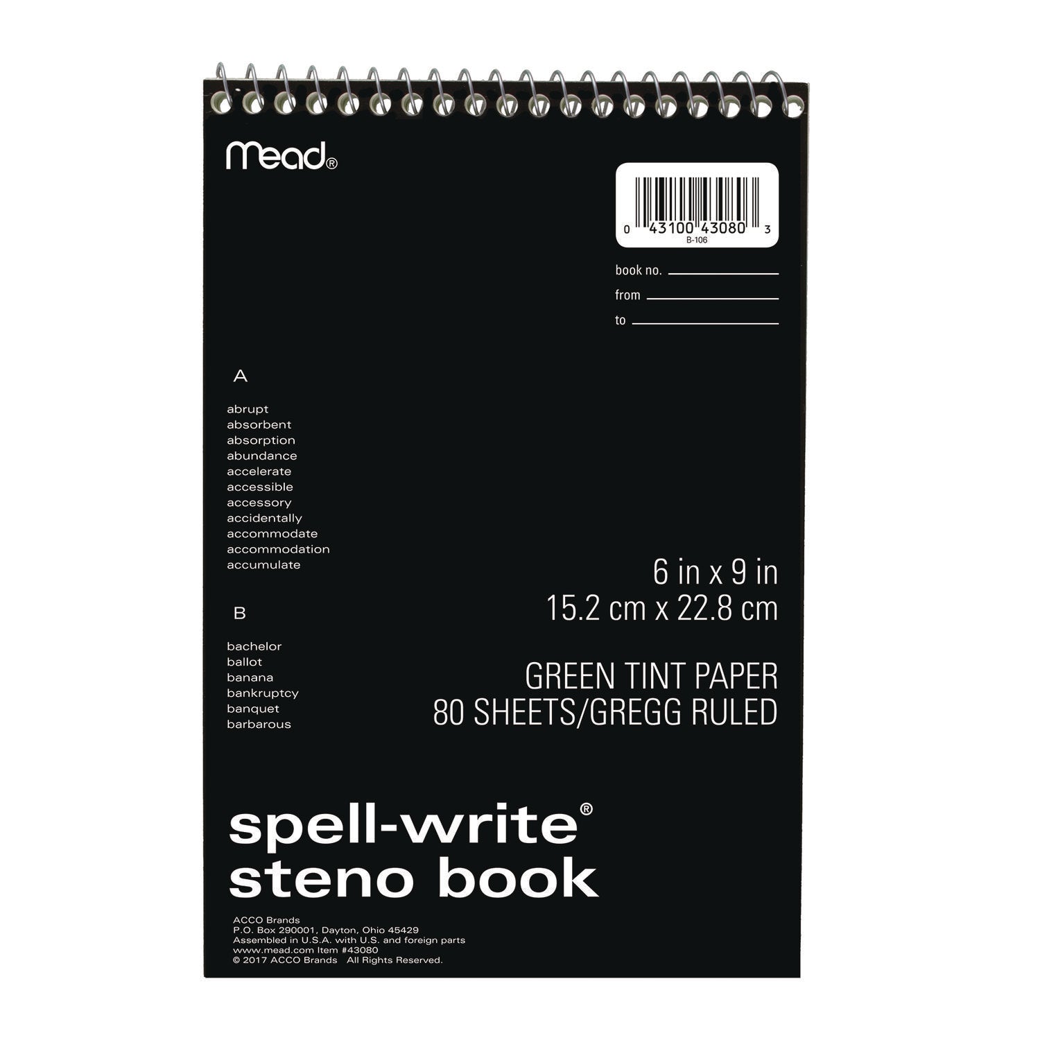 Mead® Spell-Write Wirebound Steno Pad, Gregg Rule, Randomly Assorted Cover Colors, 80 Green 6 x 9 Sheets