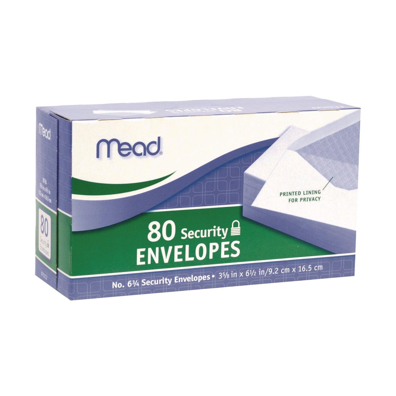 Mead® Security Tint Business Envelopes, #6 3/4, Monarch Flap, Gummed Closure, 3.63 x 6.5, White, 80/Box