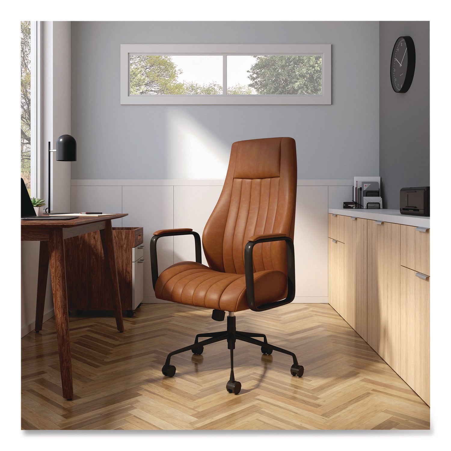 Union & Scale™ Industria 3-50L Ergonomic Bonded Leather Swivel Manager Chair, Supports Up to 275 lbs, 16.81" to 20.55" Seat Height, Brown