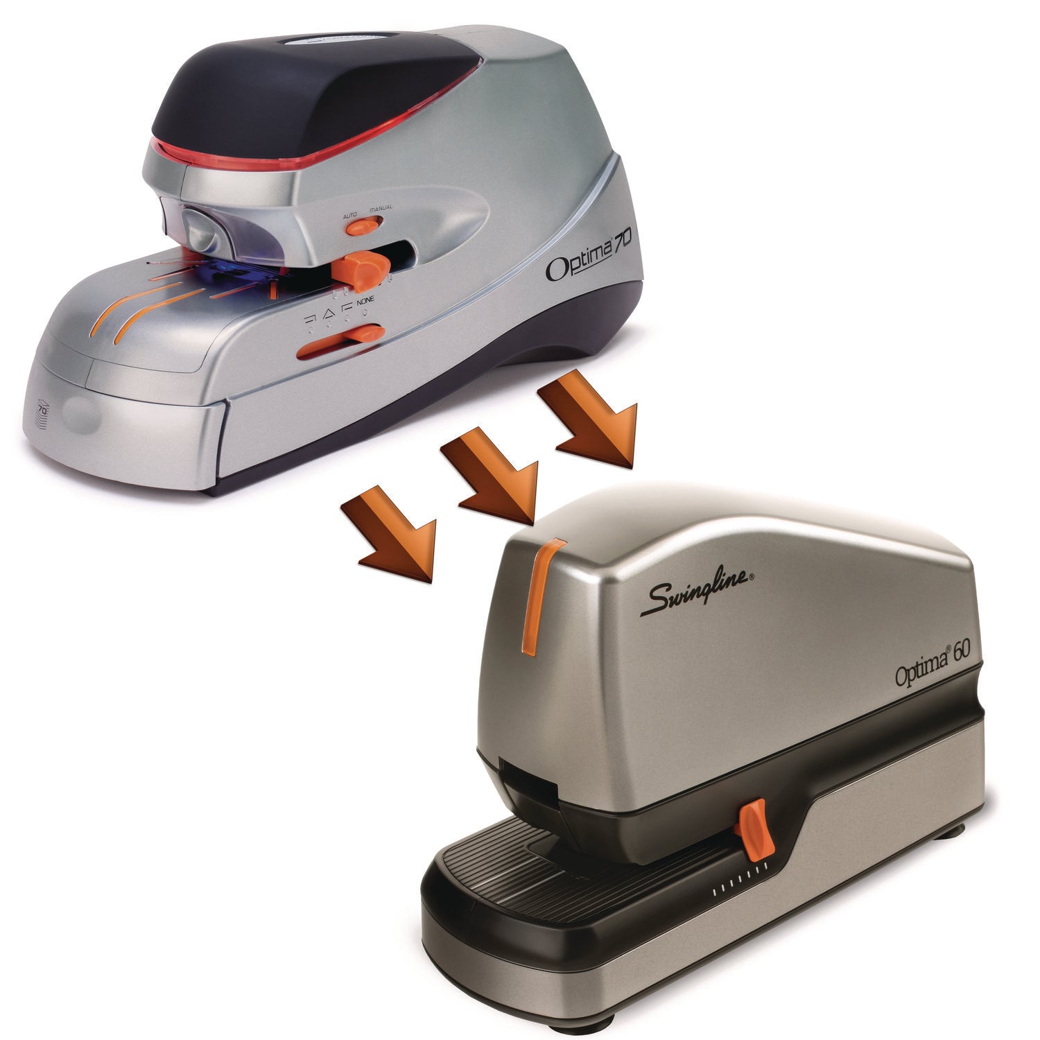 Swingline® Optima 60 Electric Stapler, 60-Sheet Capacity, Silver/Black/Orange