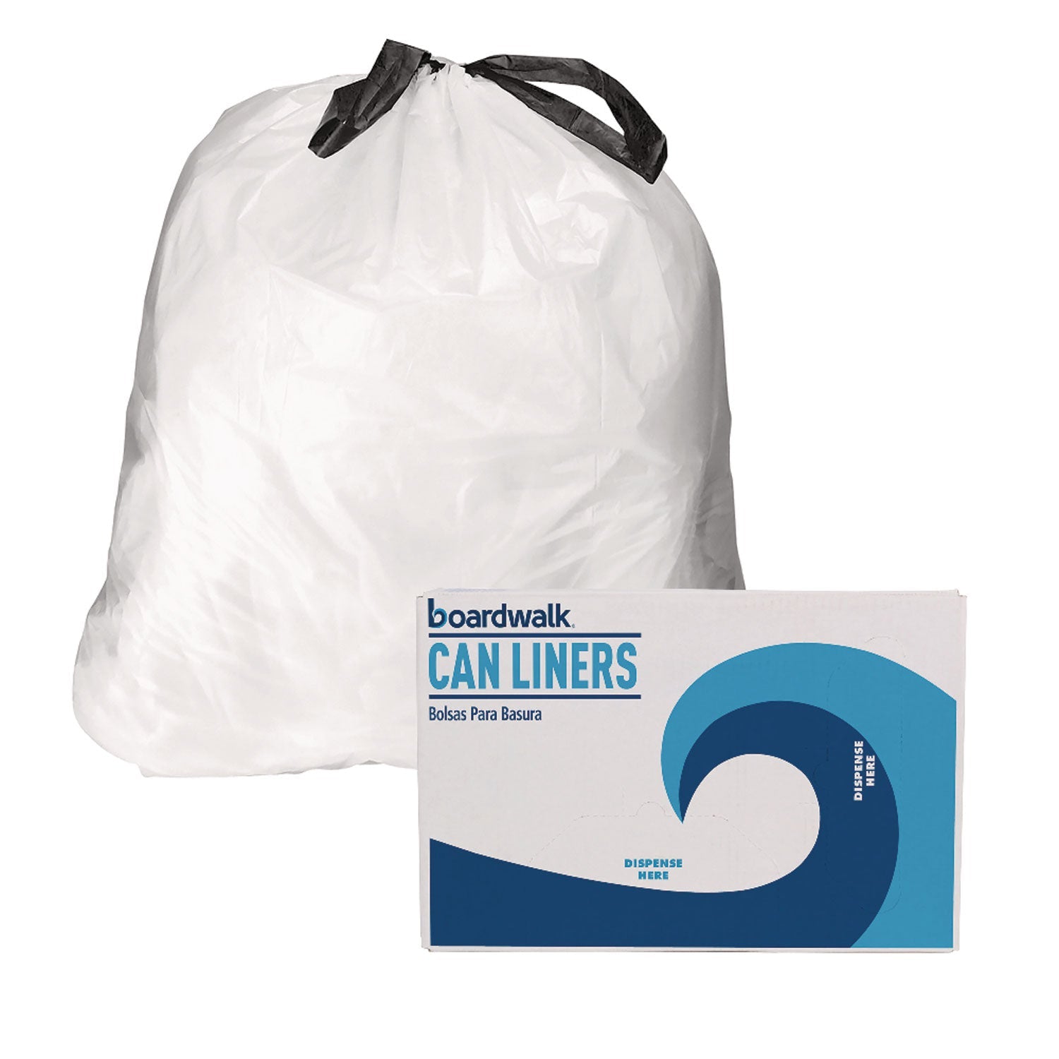Boardwalk® Drawstring Kitchen Bags, Drawstring, 13 gal, 24" x 28", White, 50 Bags/Roll, 2 Rolls/Carton