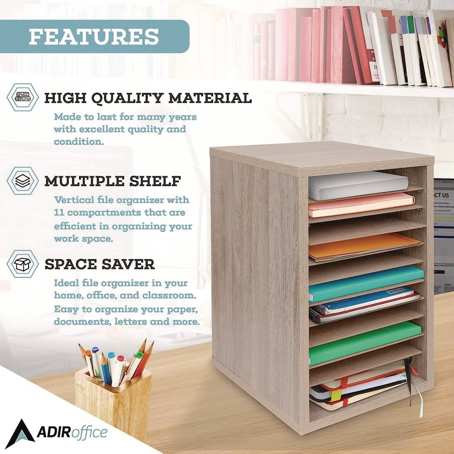 AdirOffice 11 Compartment Wood Mail Paper Sorter Literature Organizer, 11 Sections, Letter Size, 10.75 x 11.75 x 16.2, Medium Oak