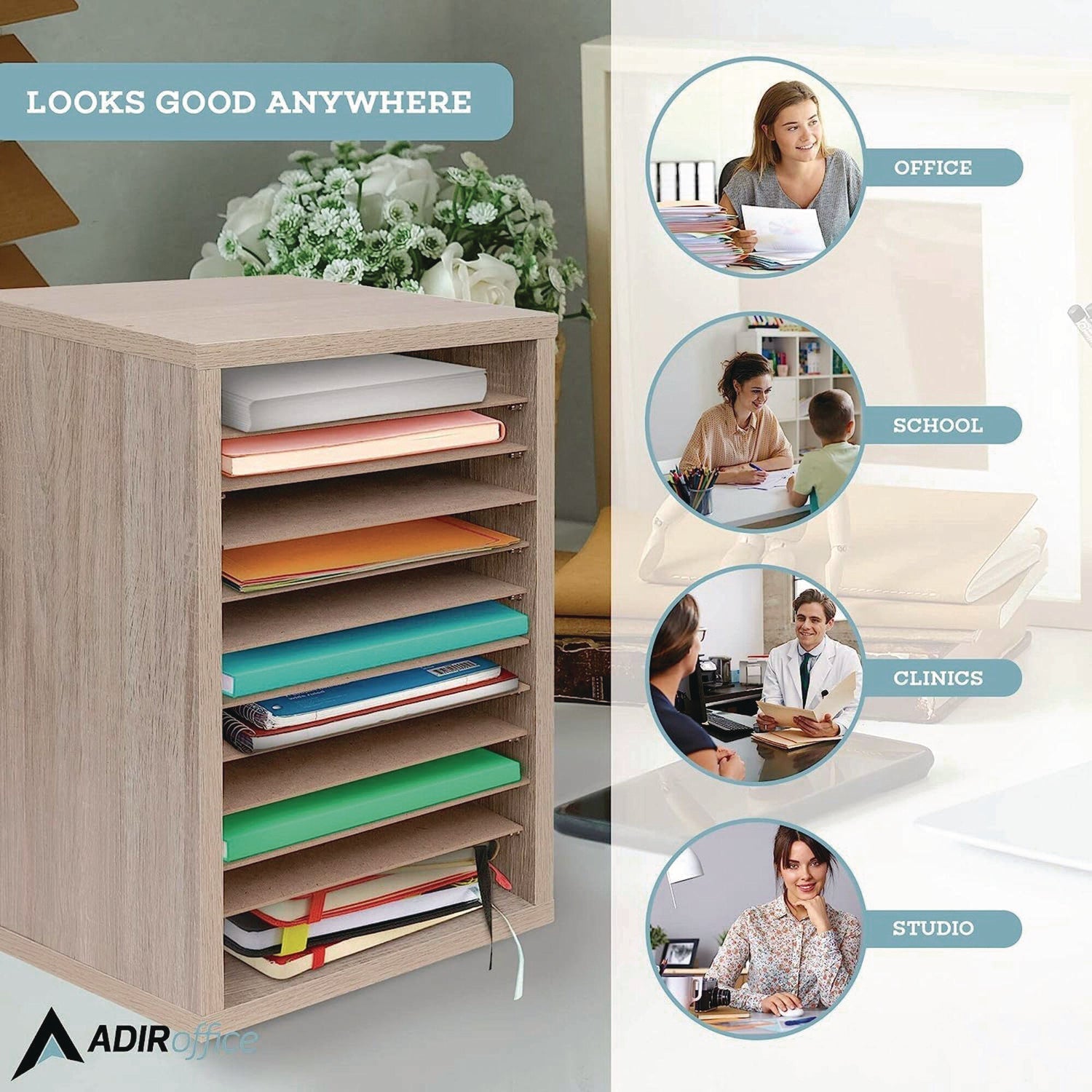 AdirOffice 11 Compartment Wood Mail Paper Sorter Literature Organizer, 11 Sections, Letter Size, 10.75 x 11.75 x 16.2, Medium Oak