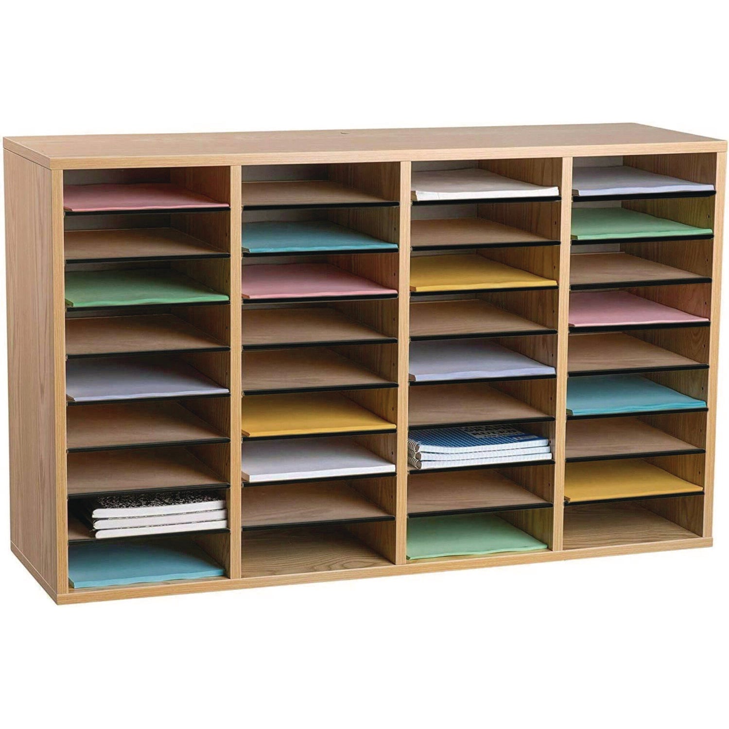 AdirOffice Wood Adjustable 36 Compartment Literature Organizer, 36 Sections, Letter Size, 39.3 x 11.8 x 23.9, Medium Oak