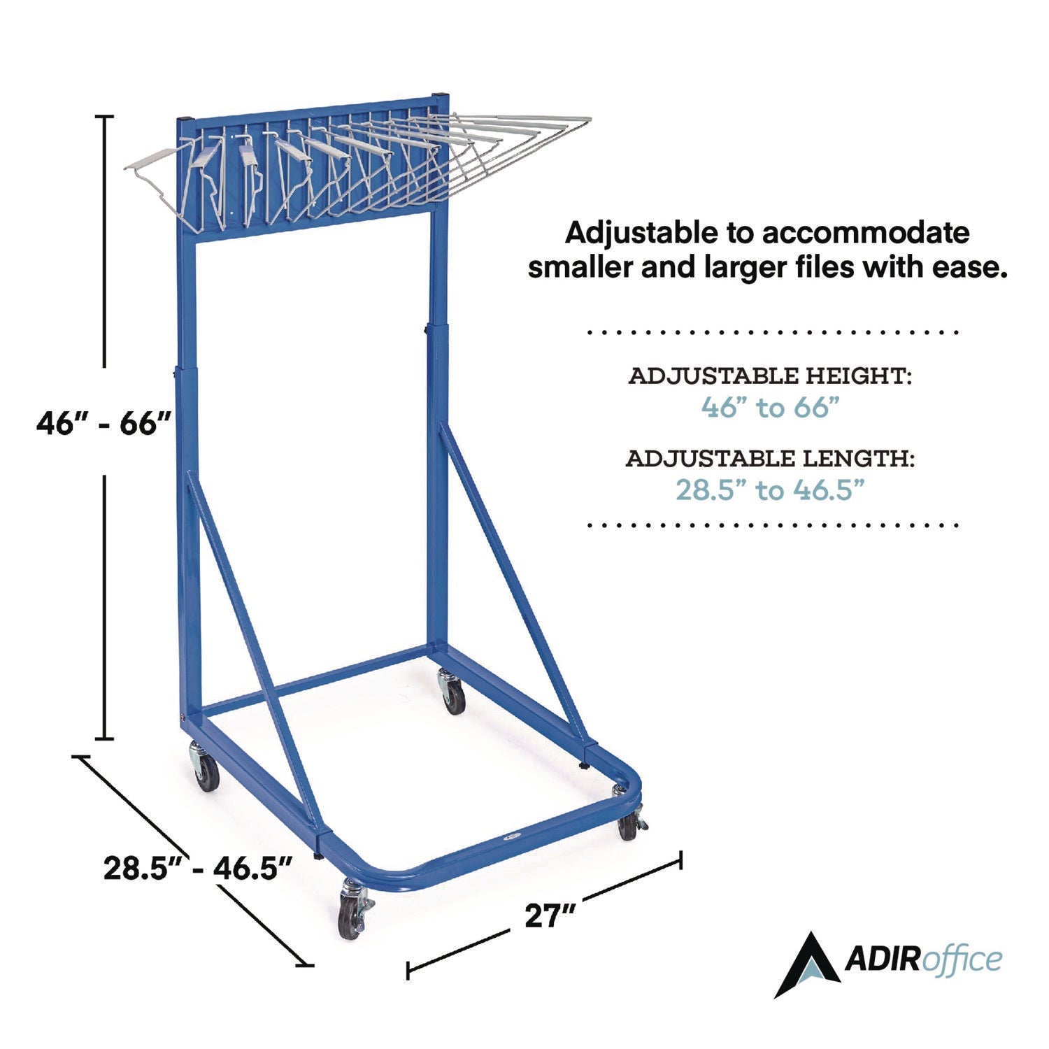 AdirOffice Blueprint Storage Cabinet Rolling Stand, Assorted Document Sizes Accomodated, 27" x 28.5" to 46.5" x 46" to 66", Blue