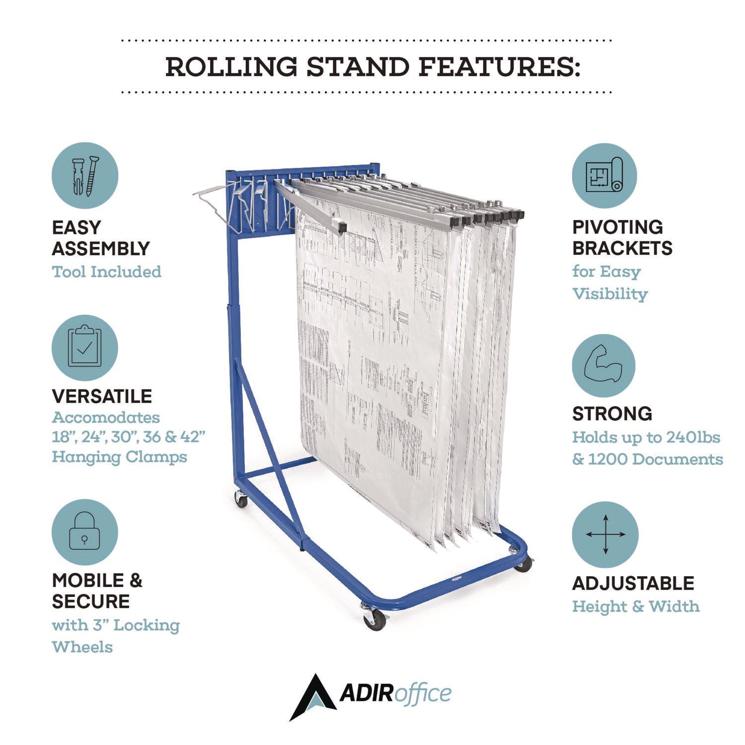AdirOffice Blueprint Storage Cabinet Rolling Stand, Assorted Document Sizes Accomodated, 27" x 28.5" to 46.5" x 46" to 66", Blue