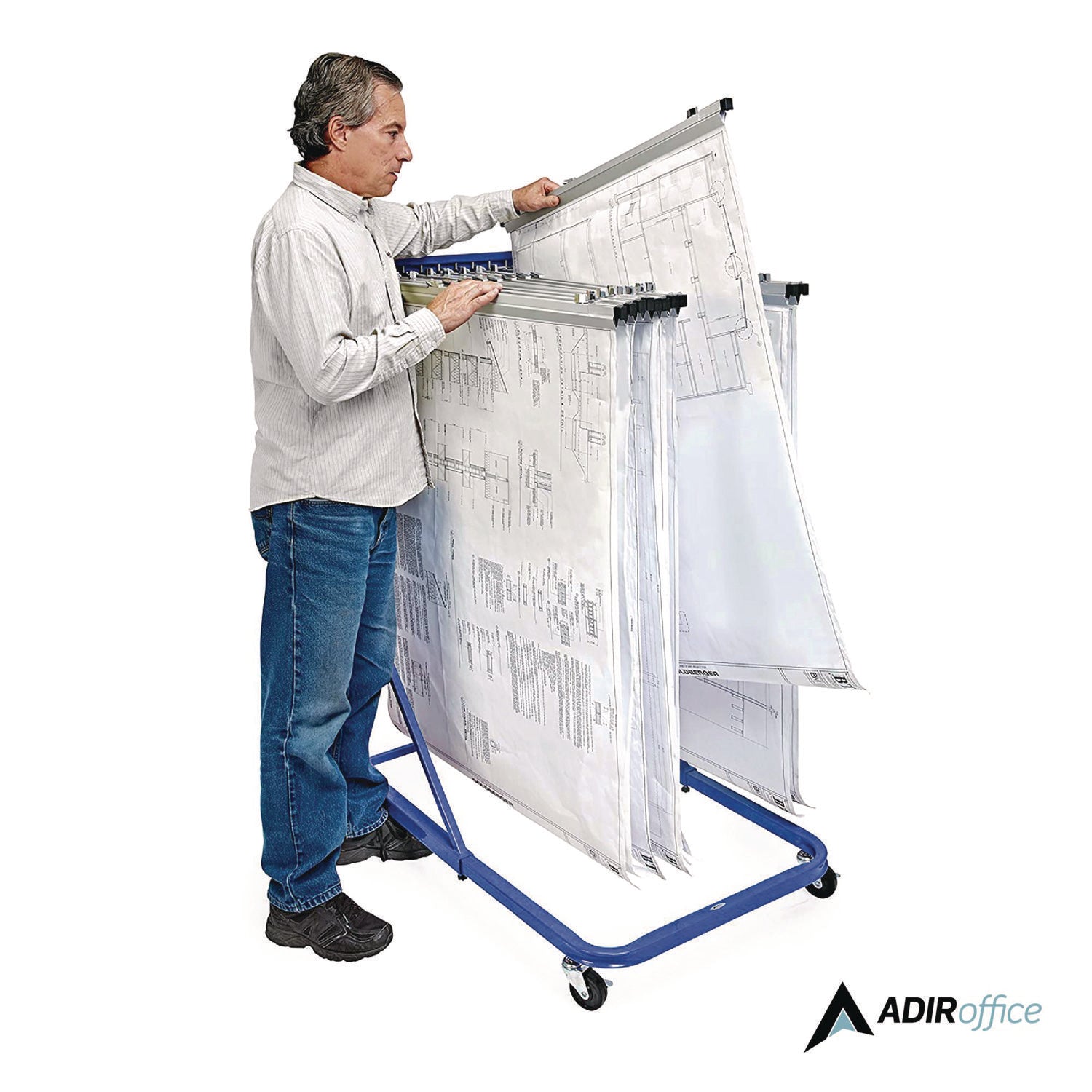 AdirOffice Blueprint Storage Cabinet Rolling Stand, Assorted Document Sizes Accomodated, 27" x 28.5" to 46.5" x 46" to 66", Blue