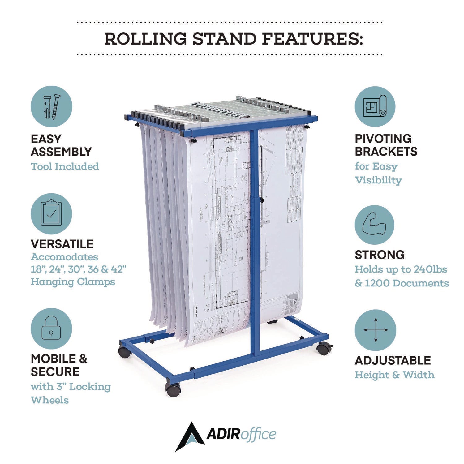 AdirOffice Blueprint Storage Cabinet Steel Vertical Plan Center, Assorted Document Sizes, 15" x 27" to 47.25" x 32.5" to 57", Blue