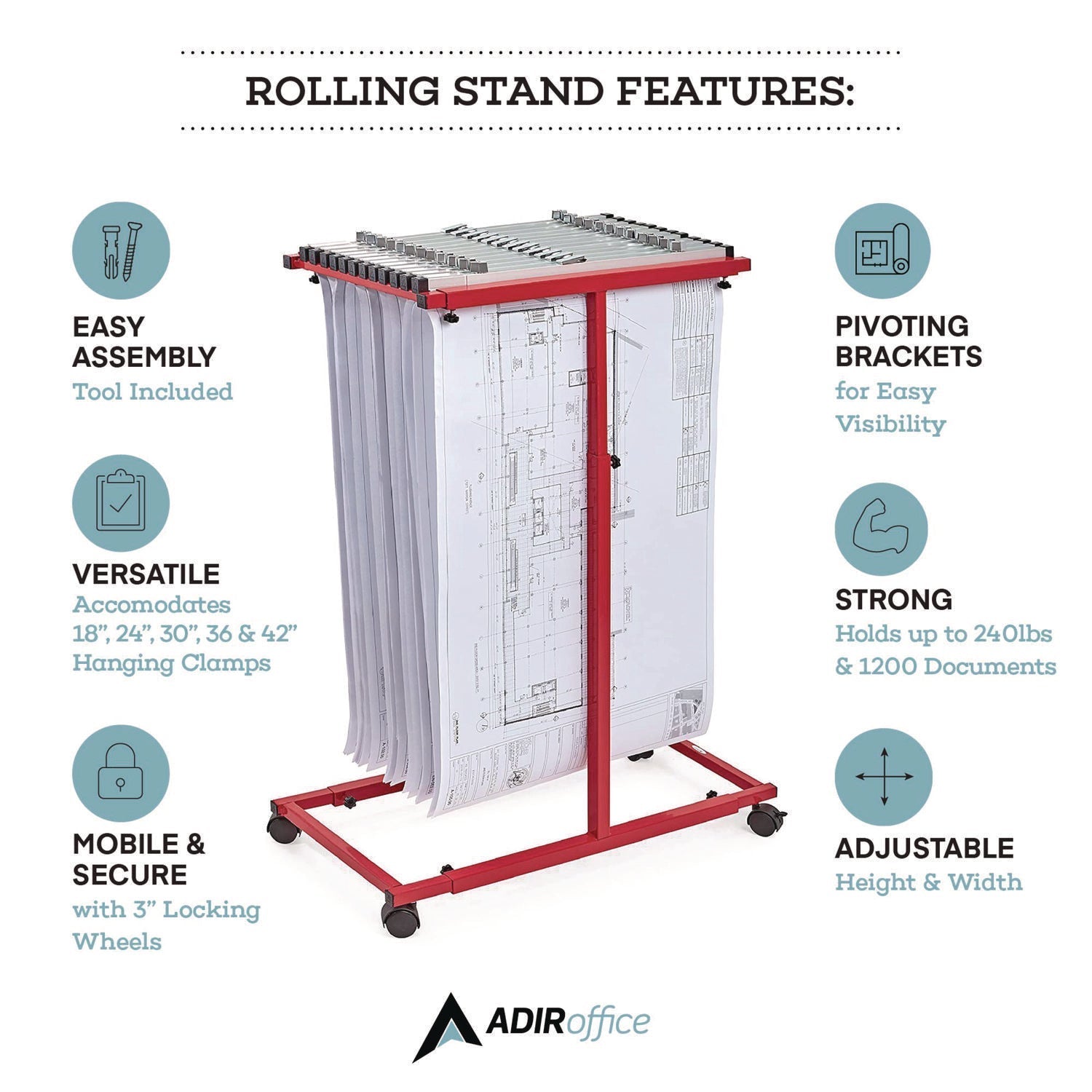AdirOffice Blueprint Storage Cabinet Steel Vertical Plan Center, Assorted Document Sizes, 15" x 27" to 47.25" x 32.5" to 57", Red