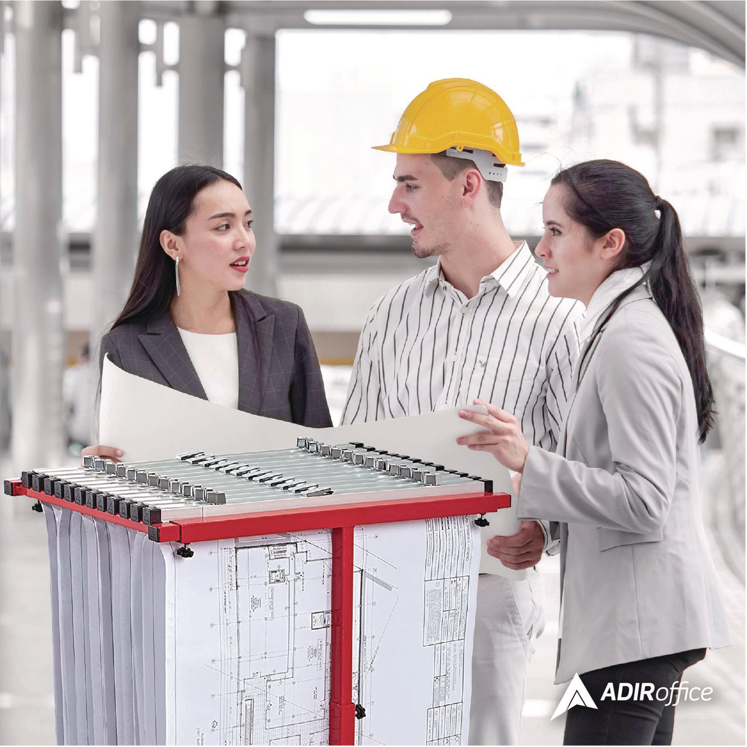 AdirOffice Blueprint Storage Cabinet Steel Vertical Plan Center, Assorted Document Sizes, 15" x 27" to 47.25" x 32.5" to 57", Red