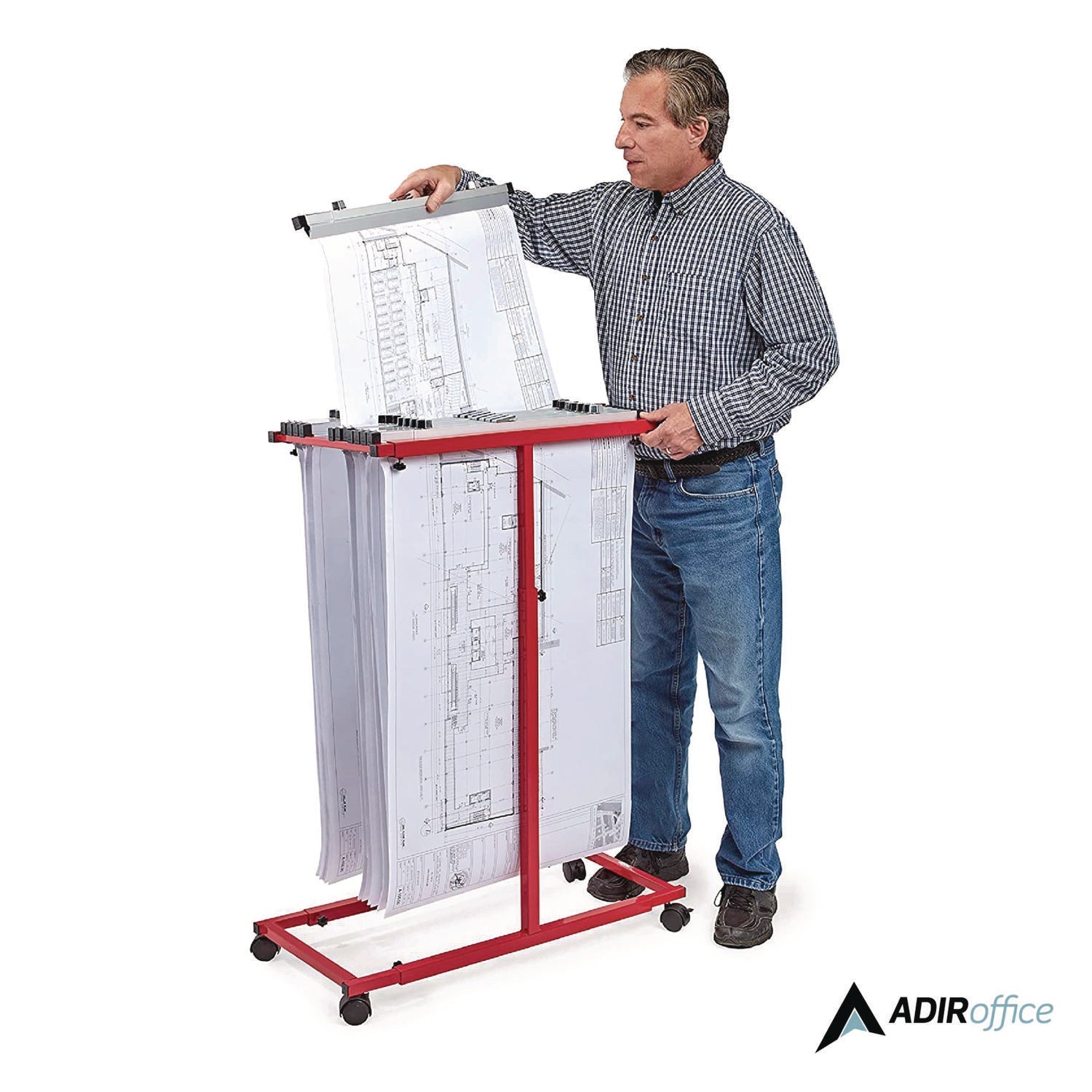 AdirOffice Blueprint Storage Cabinet Steel Vertical Plan Center, Assorted Document Sizes, 15" x 27" to 47.25" x 32.5" to 57", Red