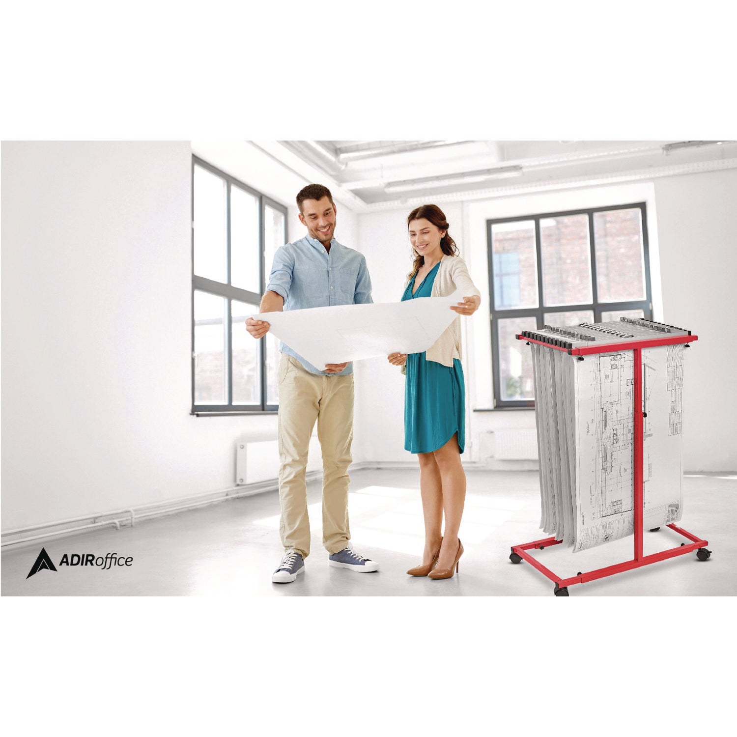 AdirOffice Blueprint Storage Cabinet Steel Vertical Plan Center, Assorted Document Sizes, 15" x 27" to 47.25" x 32.5" to 57", Red