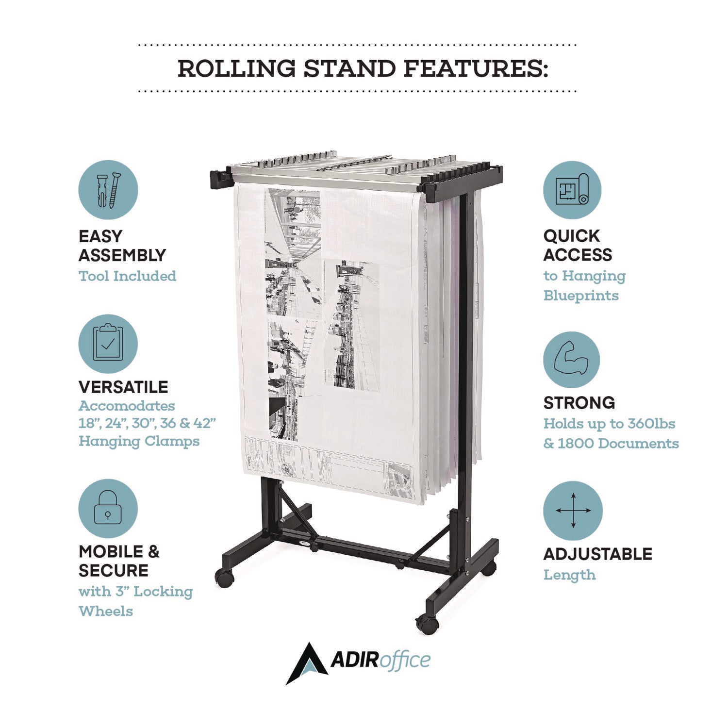 AdirOffice Expandable Blueprint Storage Cabinet Mobile Plan Center, Assorted Document Sizes, 20.5" x 28" to 46.5" x 50.75", Black