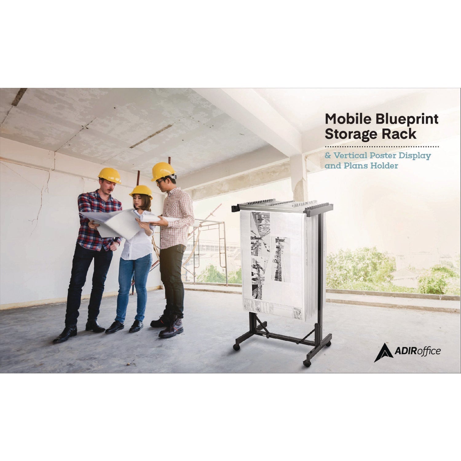 AdirOffice Expandable Blueprint Storage Cabinet Mobile Plan Center, Assorted Document Sizes, 20.5" x 28" to 46.5" x 50.75", Black
