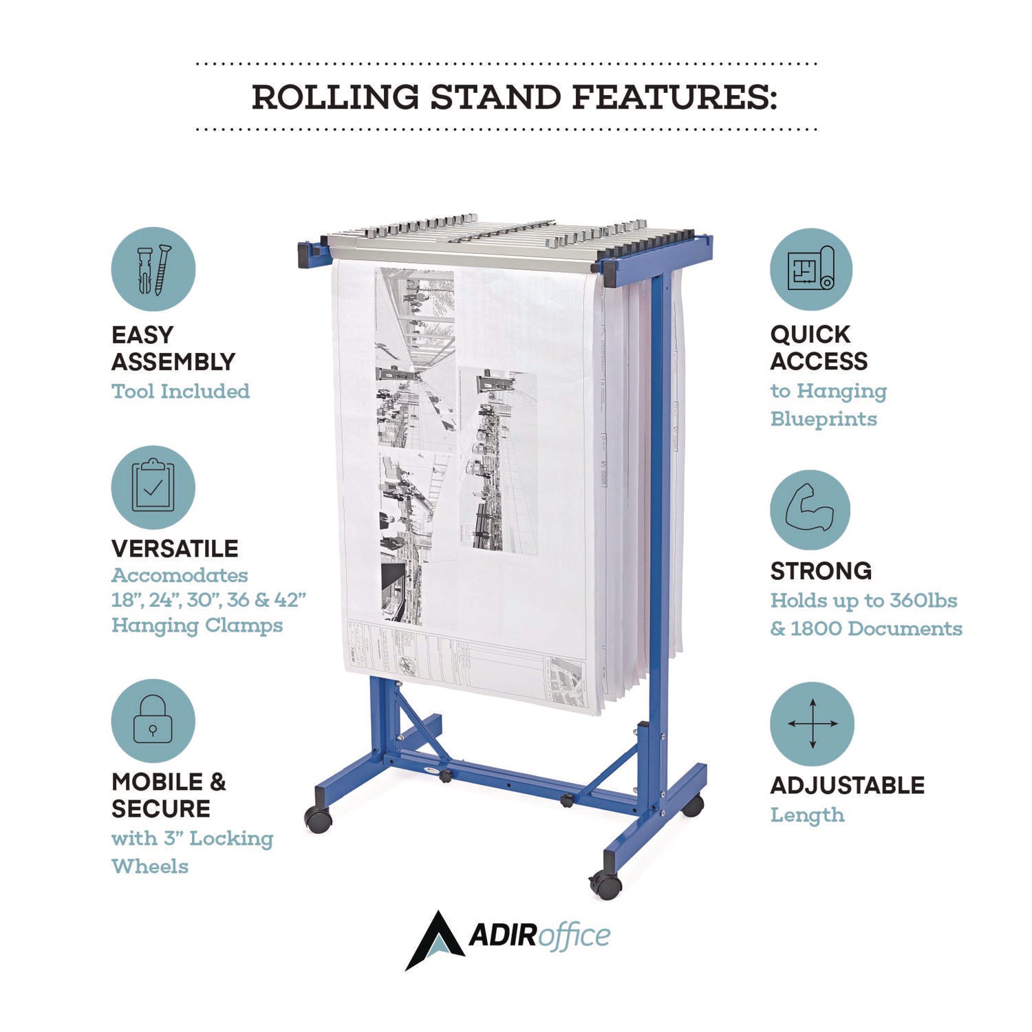 AdirOffice Expandable Blueprint Storage Cabinet Mobile Plan Center, Assorted Document Sizes, 20.5" x 28" to 46.5" x 50.75", Blue