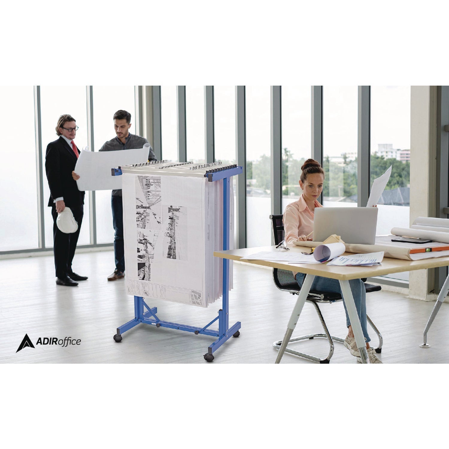 AdirOffice Expandable Blueprint Storage Cabinet Mobile Plan Center, Assorted Document Sizes, 20.5" x 28" to 46.5" x 50.75", Blue