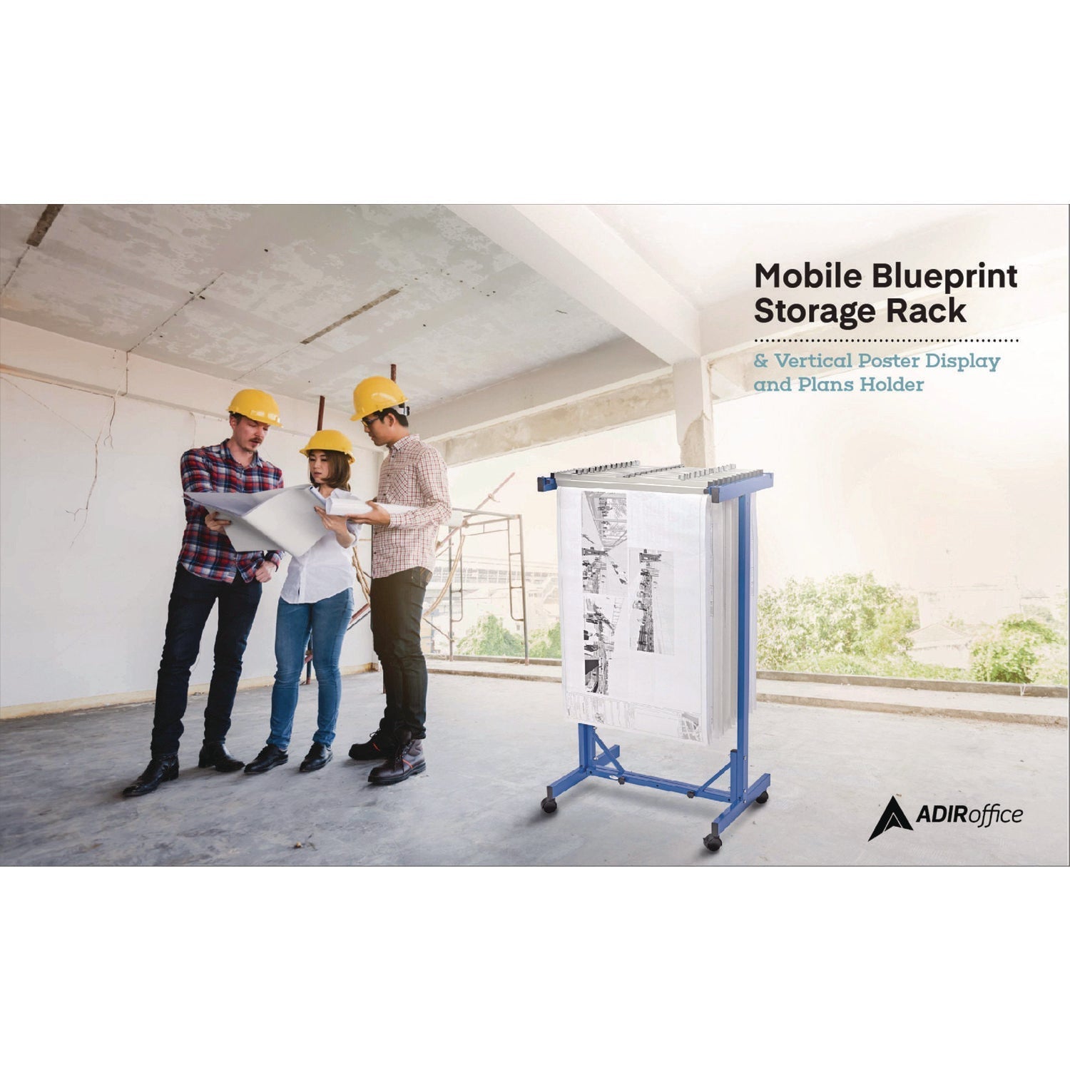 AdirOffice Expandable Blueprint Storage Cabinet Mobile Plan Center, Assorted Document Sizes, 20.5" x 28" to 46.5" x 50.75", Blue