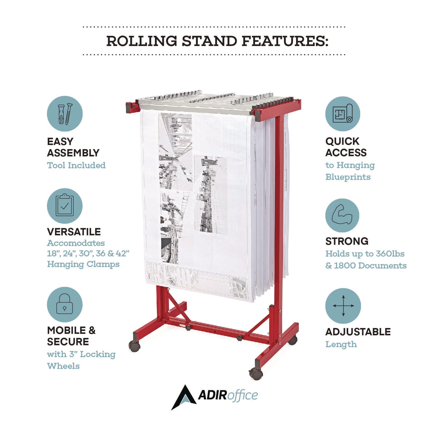 AdirOffice Expandable Blueprint Storage Cabinet Mobile Plan Center, Assorted Document Sizes, 20.5" x 28" to 46.5" x 50.75", Red