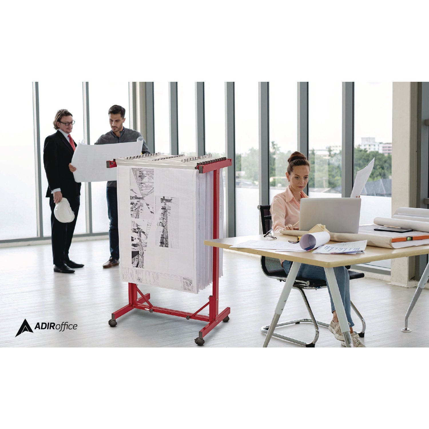 AdirOffice Expandable Blueprint Storage Cabinet Mobile Plan Center, Assorted Document Sizes, 20.5" x 28" to 46.5" x 50.75", Red