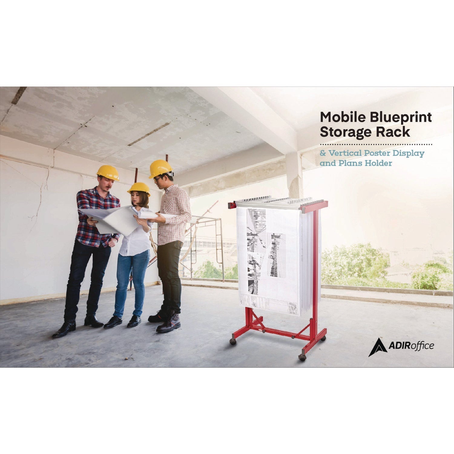 AdirOffice Expandable Blueprint Storage Cabinet Mobile Plan Center, Assorted Document Sizes, 20.5" x 28" to 46.5" x 50.75", Red