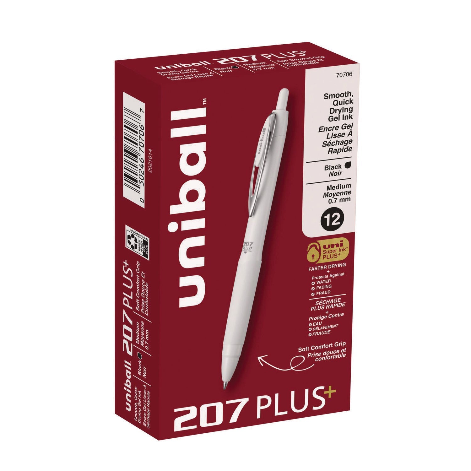 uniball® 207 Plus+ Gel Pen, Retractable, Medium 0.7 mm, Black Ink, White Barrel, Dozen