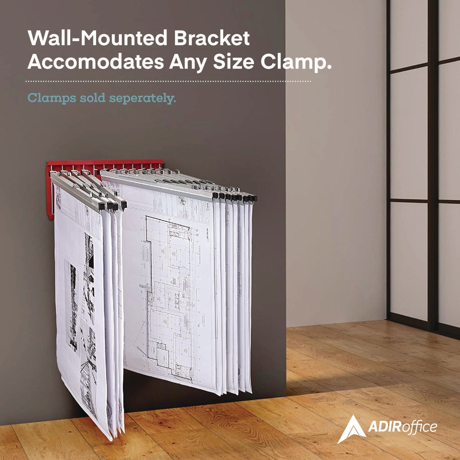 AdirOffice Large File Blueprint Pivot Wall Rack, Assorted Document Sizes Accommodated, 11" x 15.8" x 23.9", Red