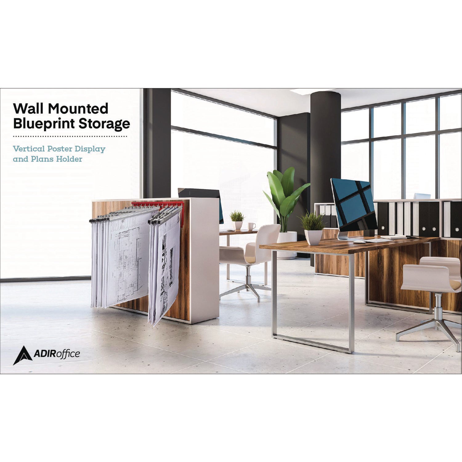AdirOffice Large File Blueprint Pivot Wall Rack, Assorted Document Sizes Accommodated, 11" x 15.8" x 23.9", Red