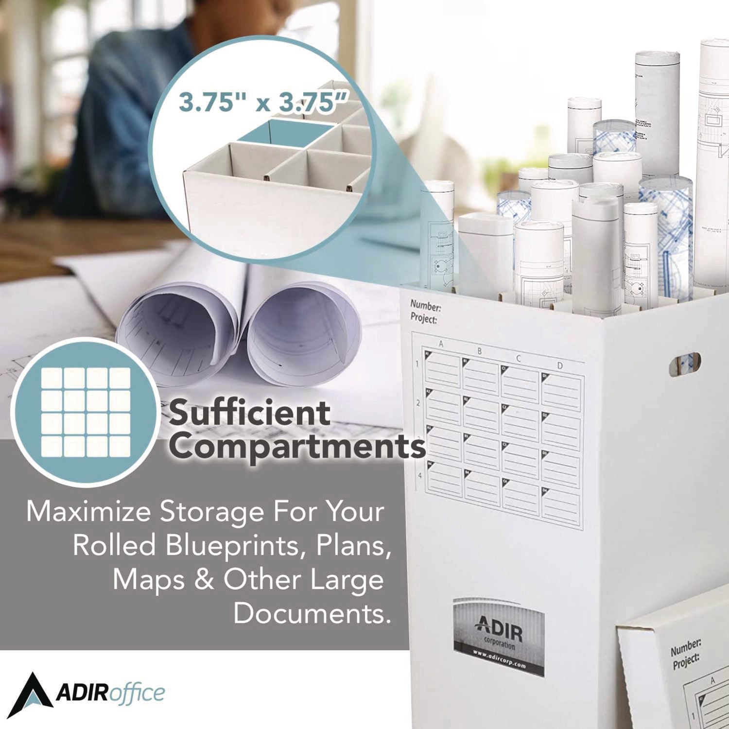 AdirOffice 16 Slot Blueprint Rolled File Upright Storage Box, 16 Compartments, 17.5 x 17.5 x 37, White