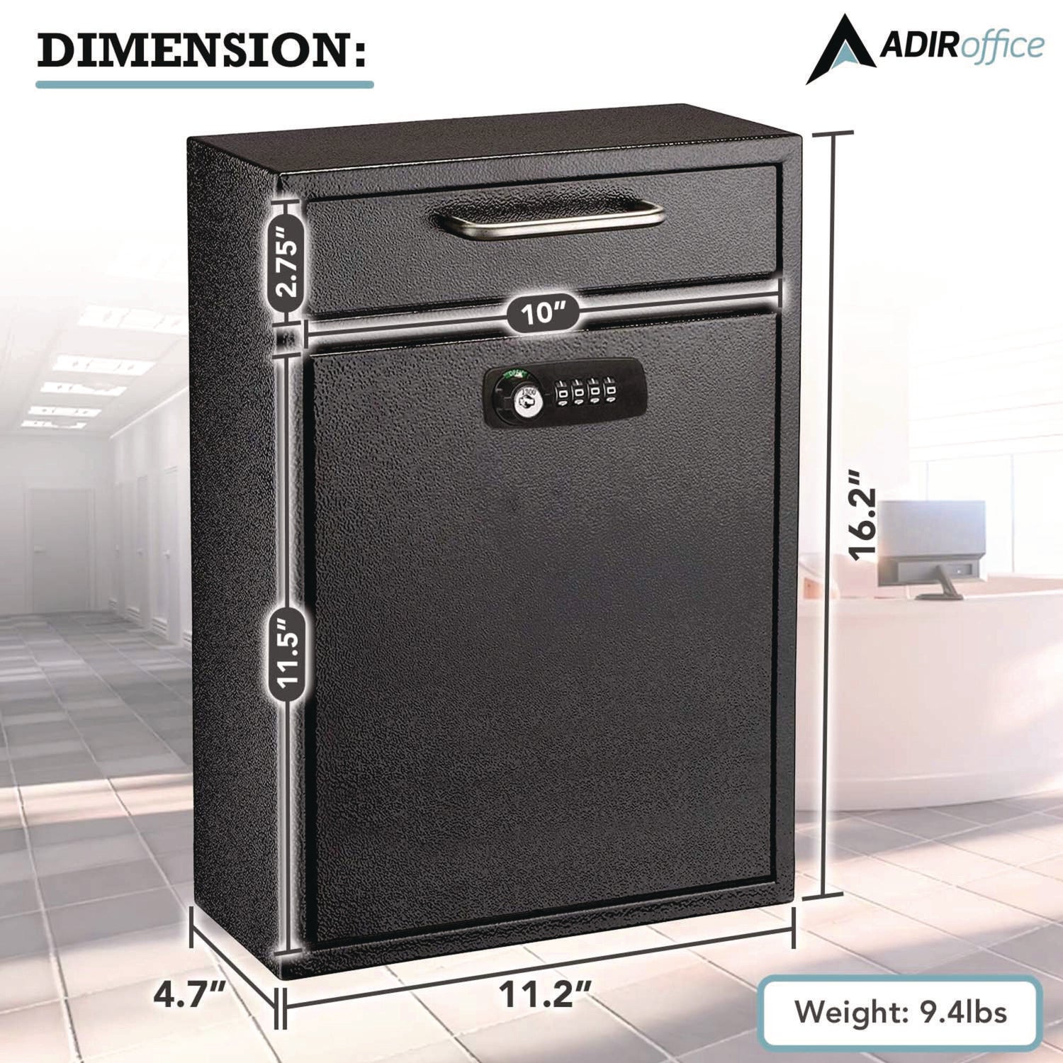 AdirOffice Large Secure Drop Box Wall Mounted Locking Mail Box with Key and Combination lock, 11.2 x 4.7 x 16.2, Black