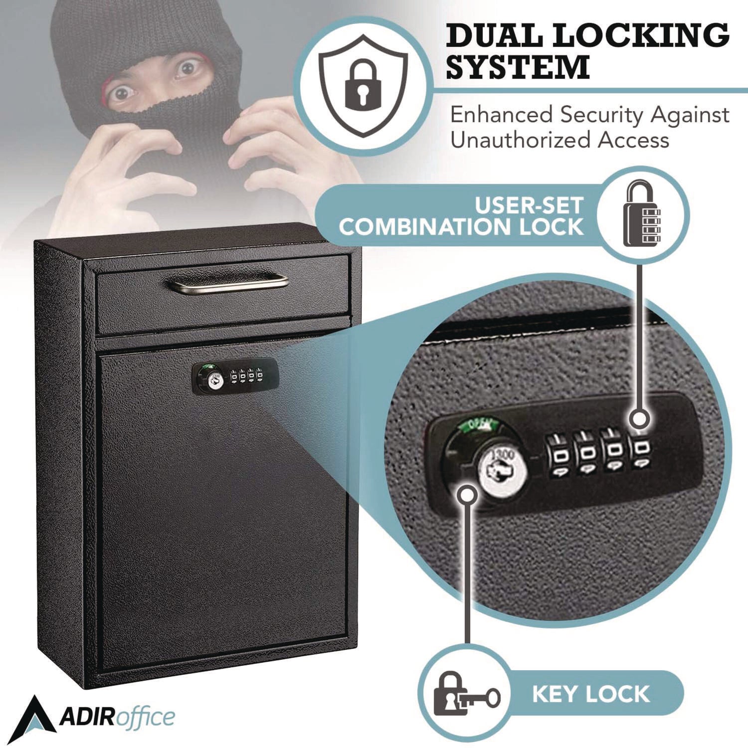 AdirOffice Large Secure Drop Box Wall Mounted Locking Mail Box with Key and Combination lock, 11.2 x 4.7 x 16.2, Black