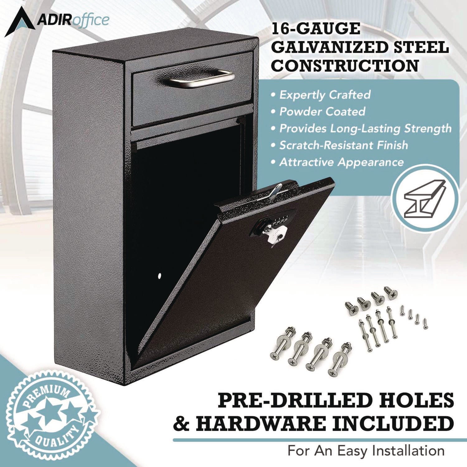 AdirOffice Large Secure Drop Box Wall Mounted Locking Mail Box with Key and Combination lock, 11.2 x 4.7 x 16.2, Black