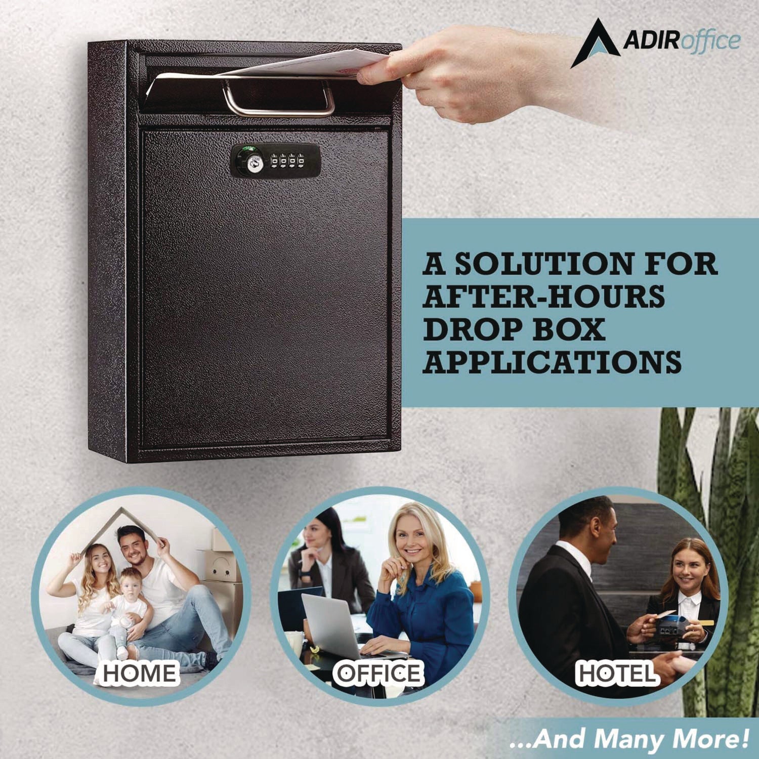 AdirOffice Large Secure Drop Box Wall Mounted Locking Mail Box with Key and Combination lock, 11.2 x 4.7 x 16.2, Black