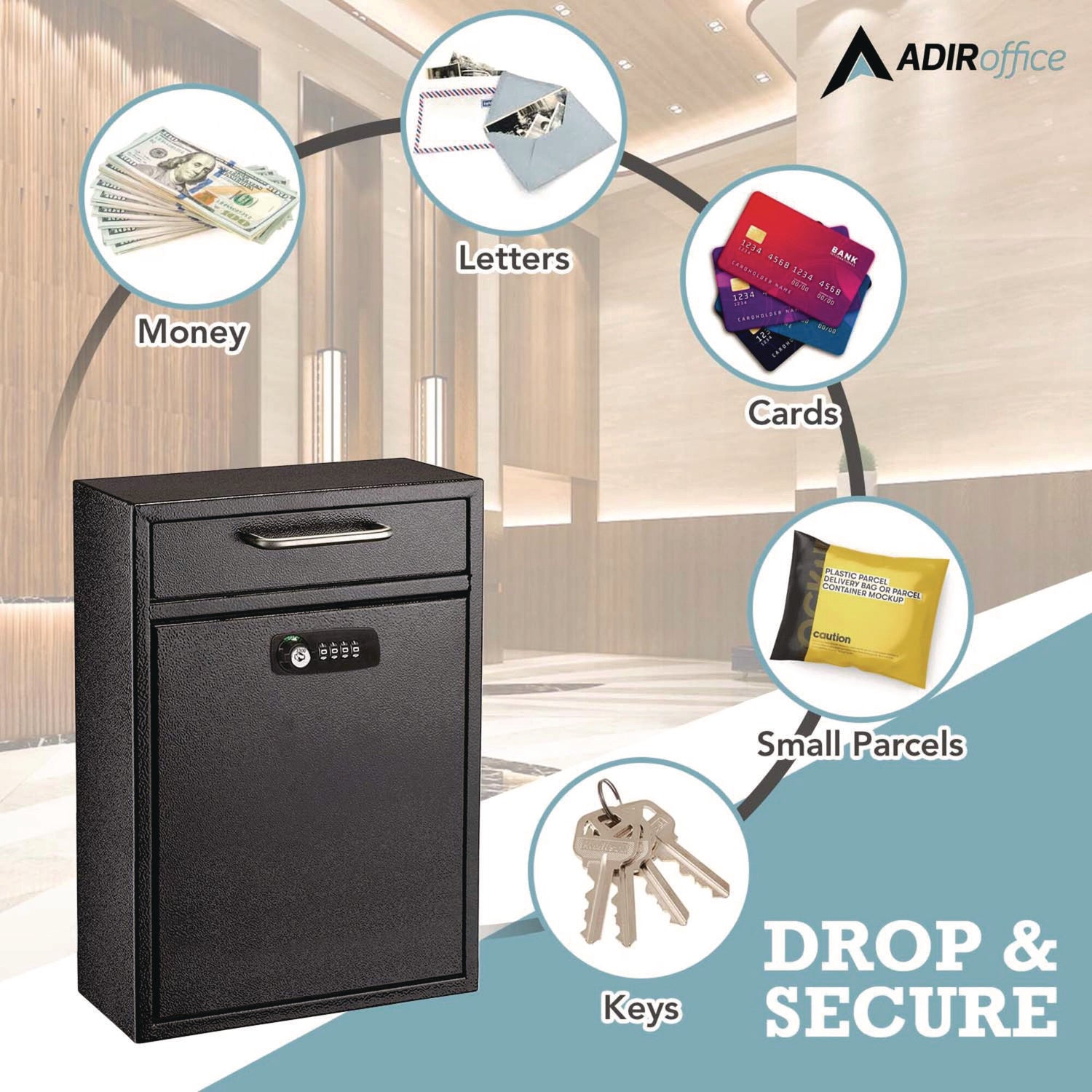 AdirOffice Large Secure Drop Box Wall Mounted Locking Mail Box with Key and Combination lock, 11.2 x 4.7 x 16.2, Black