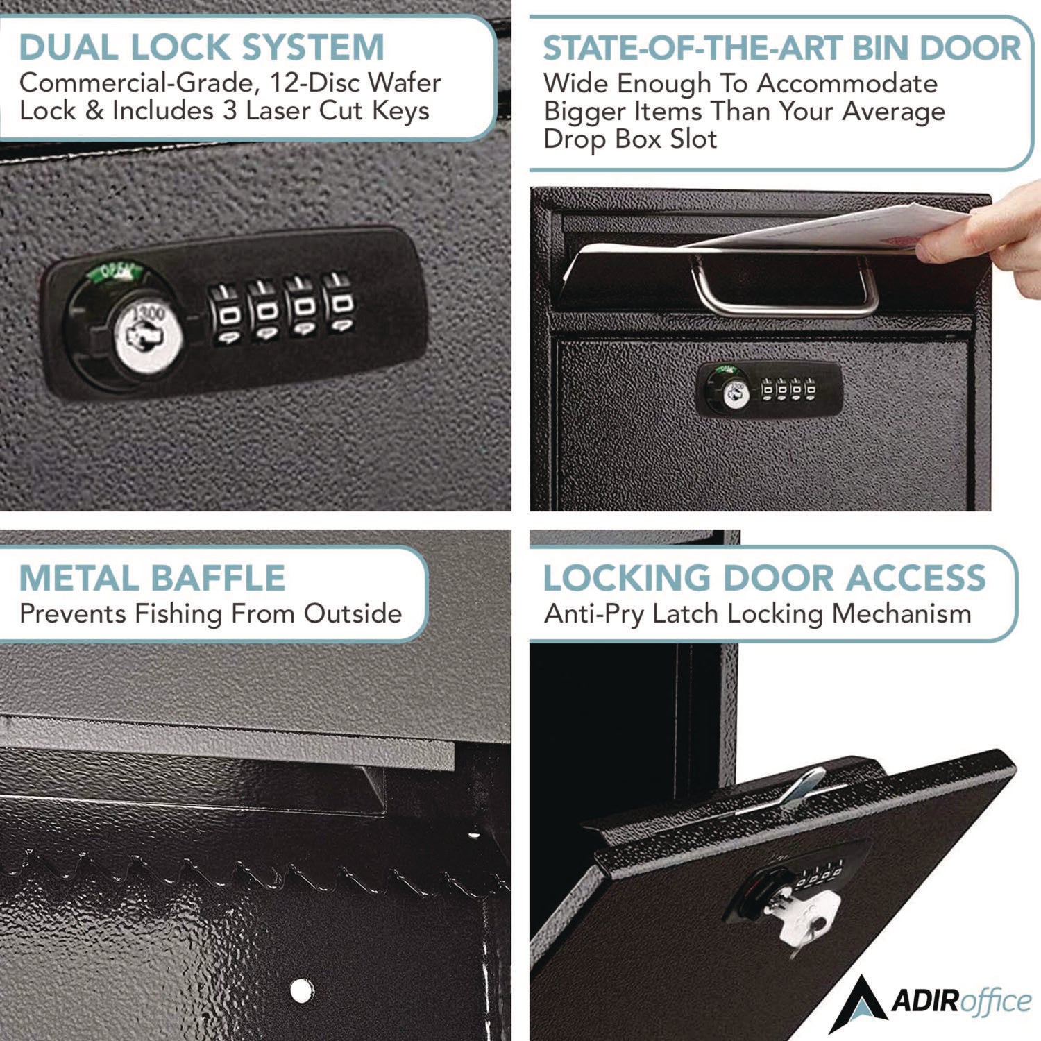 AdirOffice Large Secure Drop Box Wall Mounted Locking Mail Box with Key and Combination lock, 11.2 x 4.7 x 16.2, Black