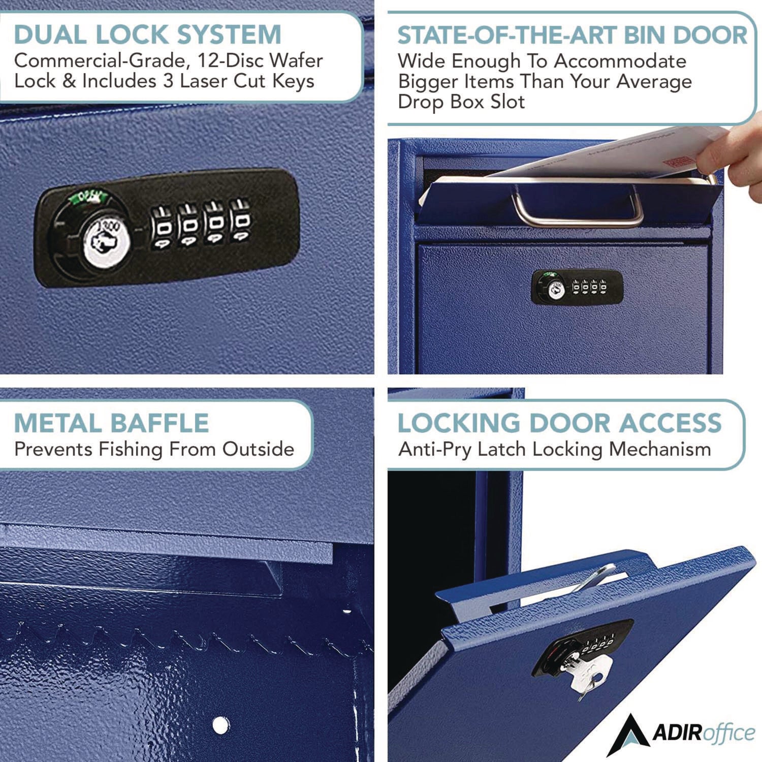 AdirOffice Medium Secure Drop Box Wall Mounted Locking Mail Box with Key and Combination Lock, 10.51 x 4.72 x 12, Blue