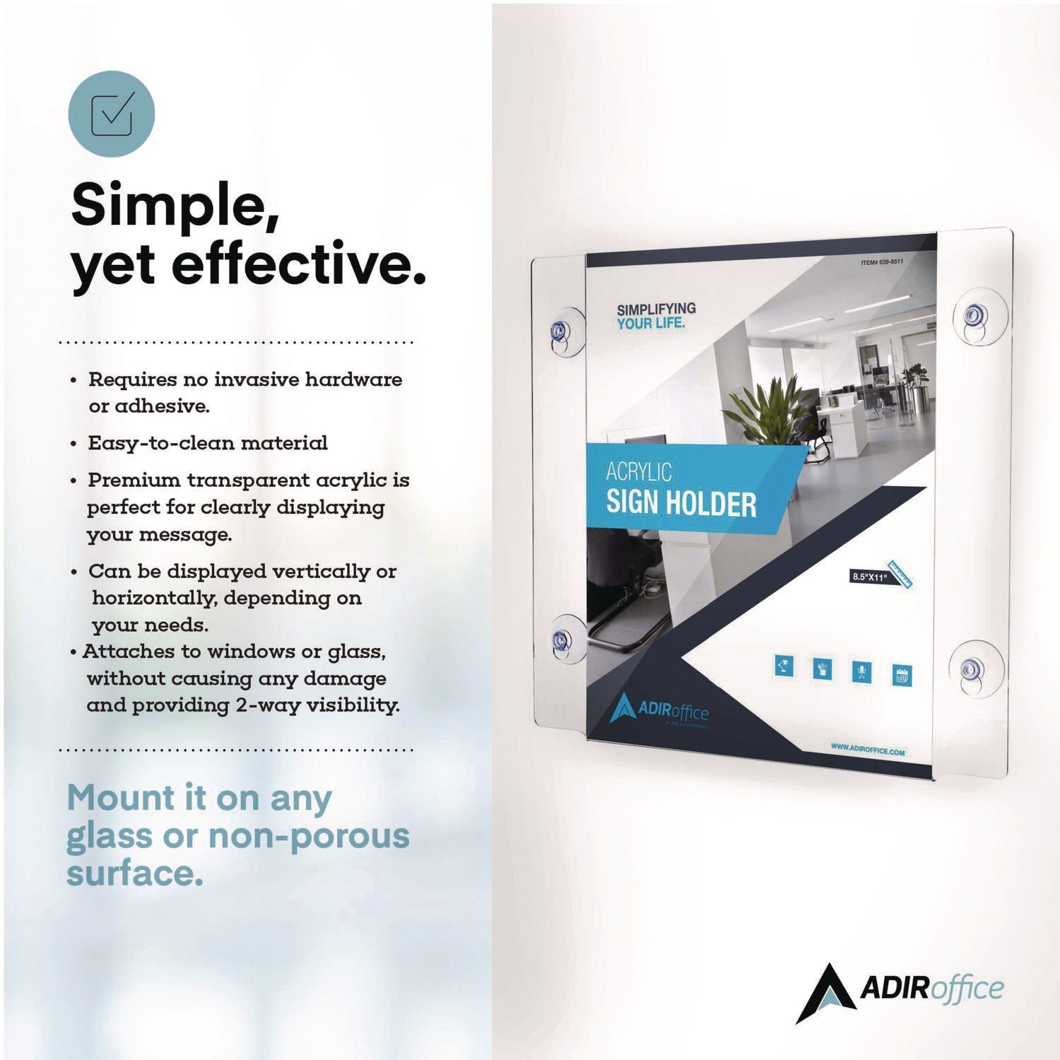 AdirOffice Clear Suction Acrylic Window Sign Holder, 8 x 11, Clear Frame, 6/Pack