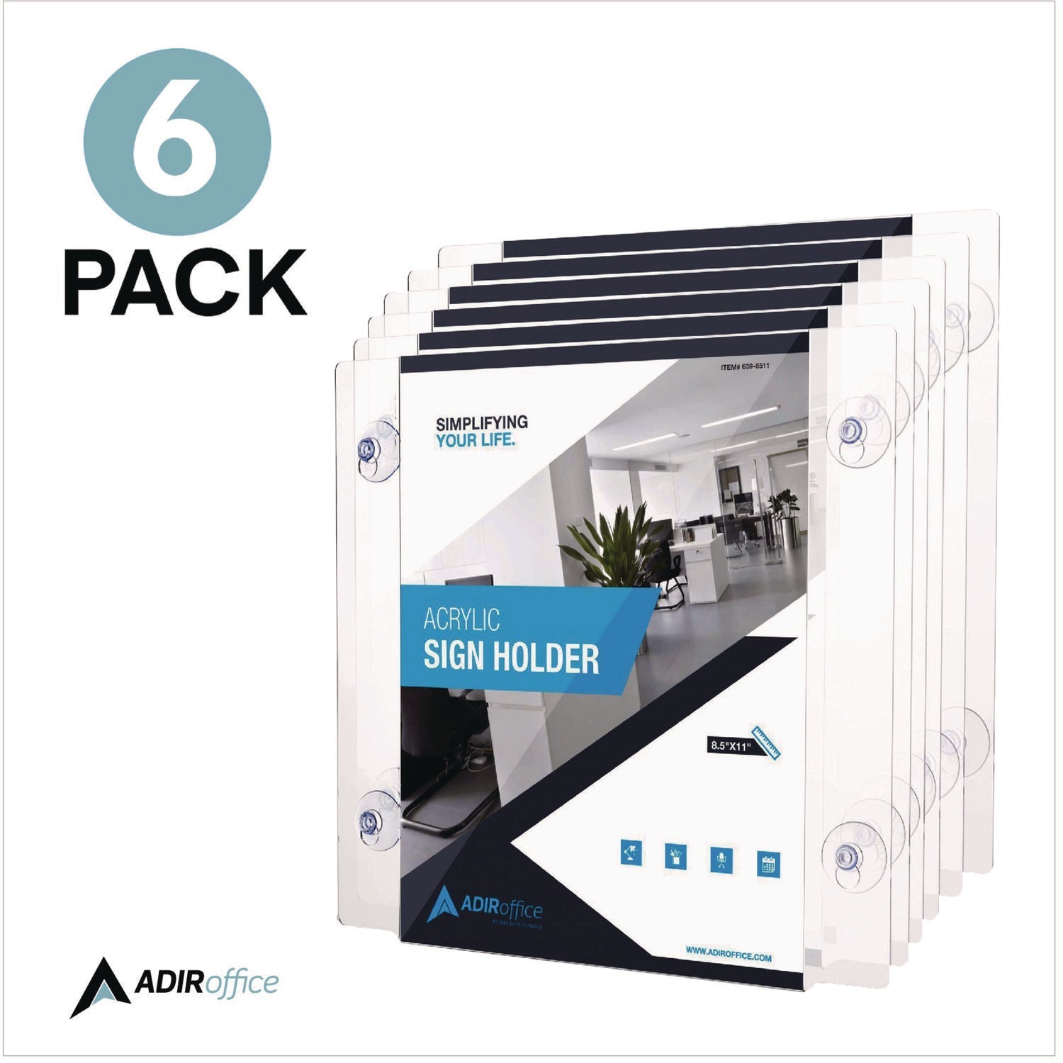 AdirOffice Clear Suction Acrylic Window Sign Holder, 8 x 11, Clear Frame, 6/Pack