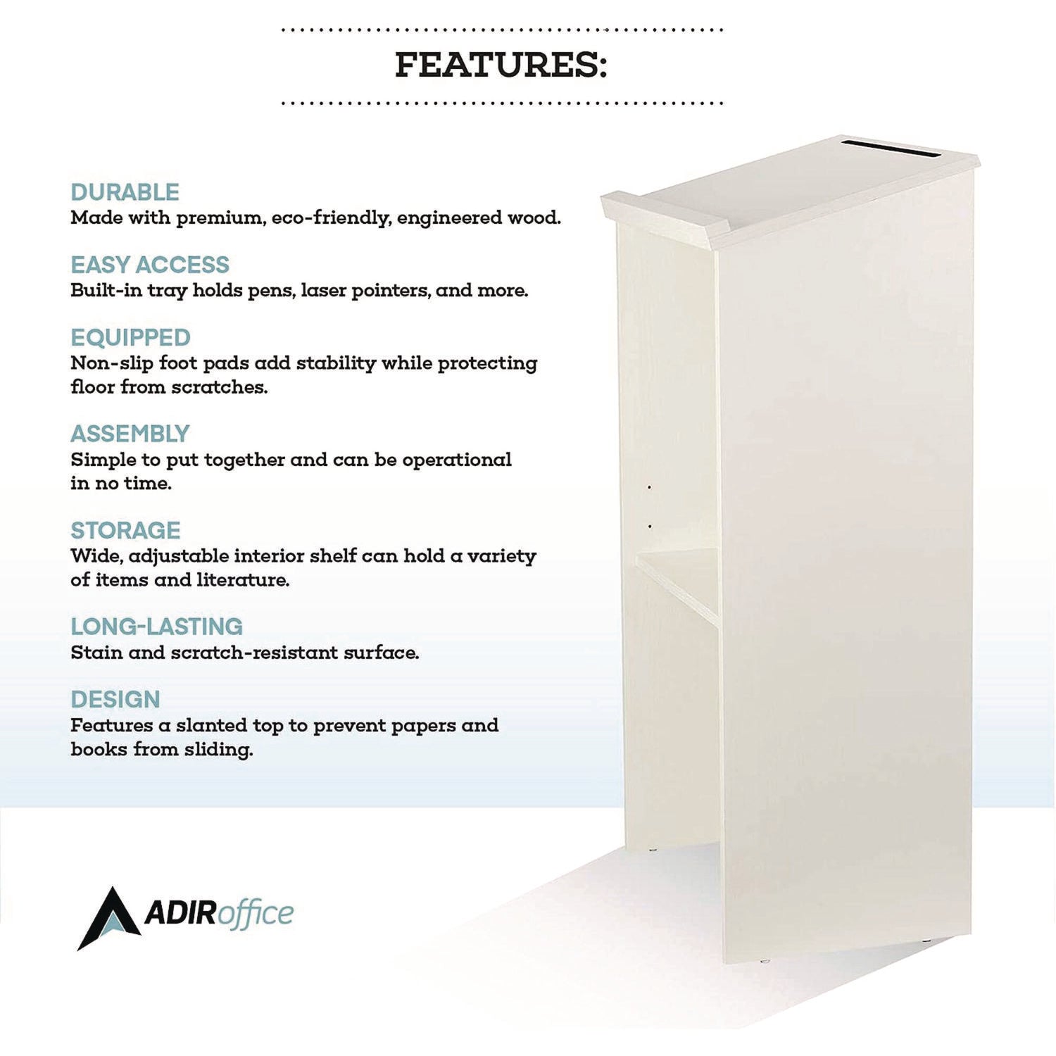 AdirOffice Wood Stand-up Podium Lectern Speaker Stand, 23 x 15 x 45.8, White