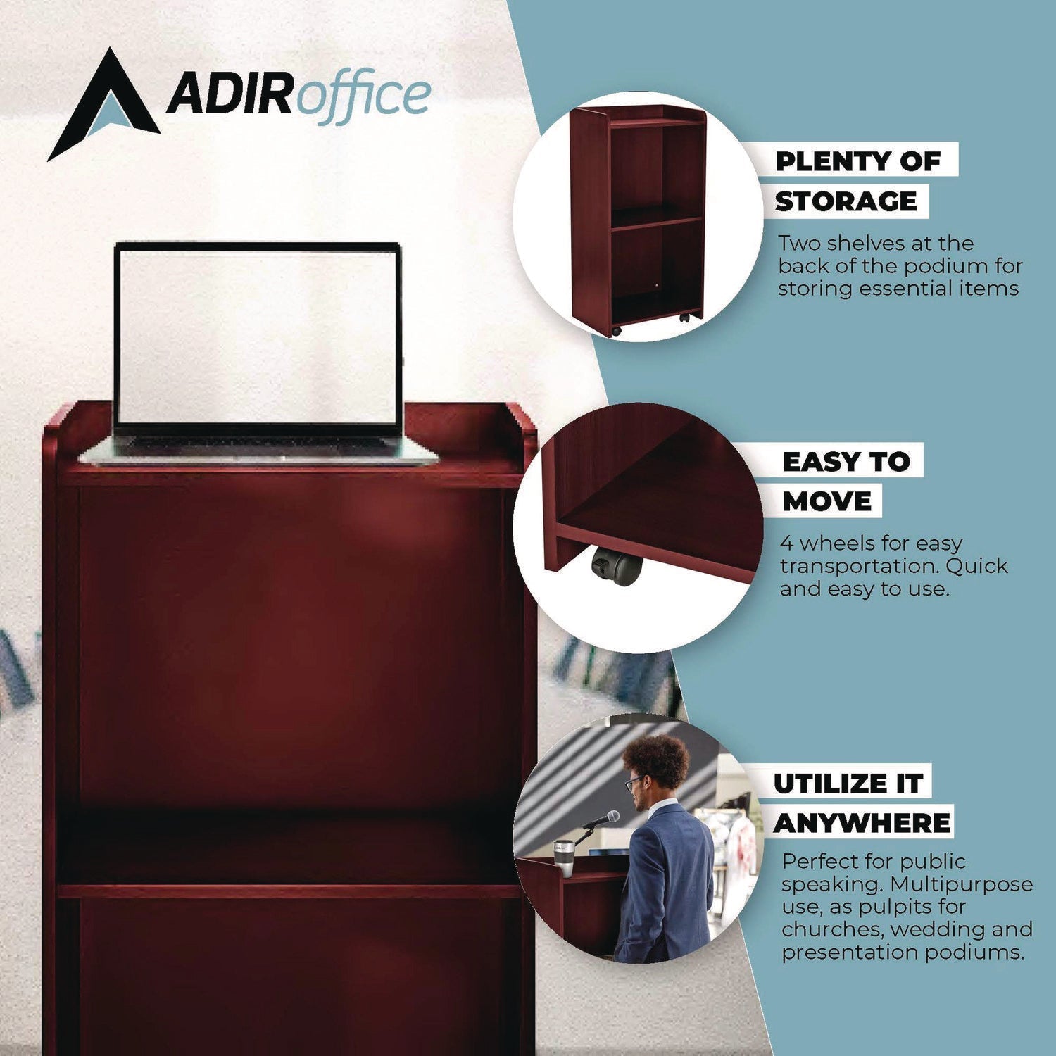 AdirOffice Wood Mobile Presentation Lectern Speaker Stand with Shelves, 22.44 x 16.53 x 45.98, Mahogany